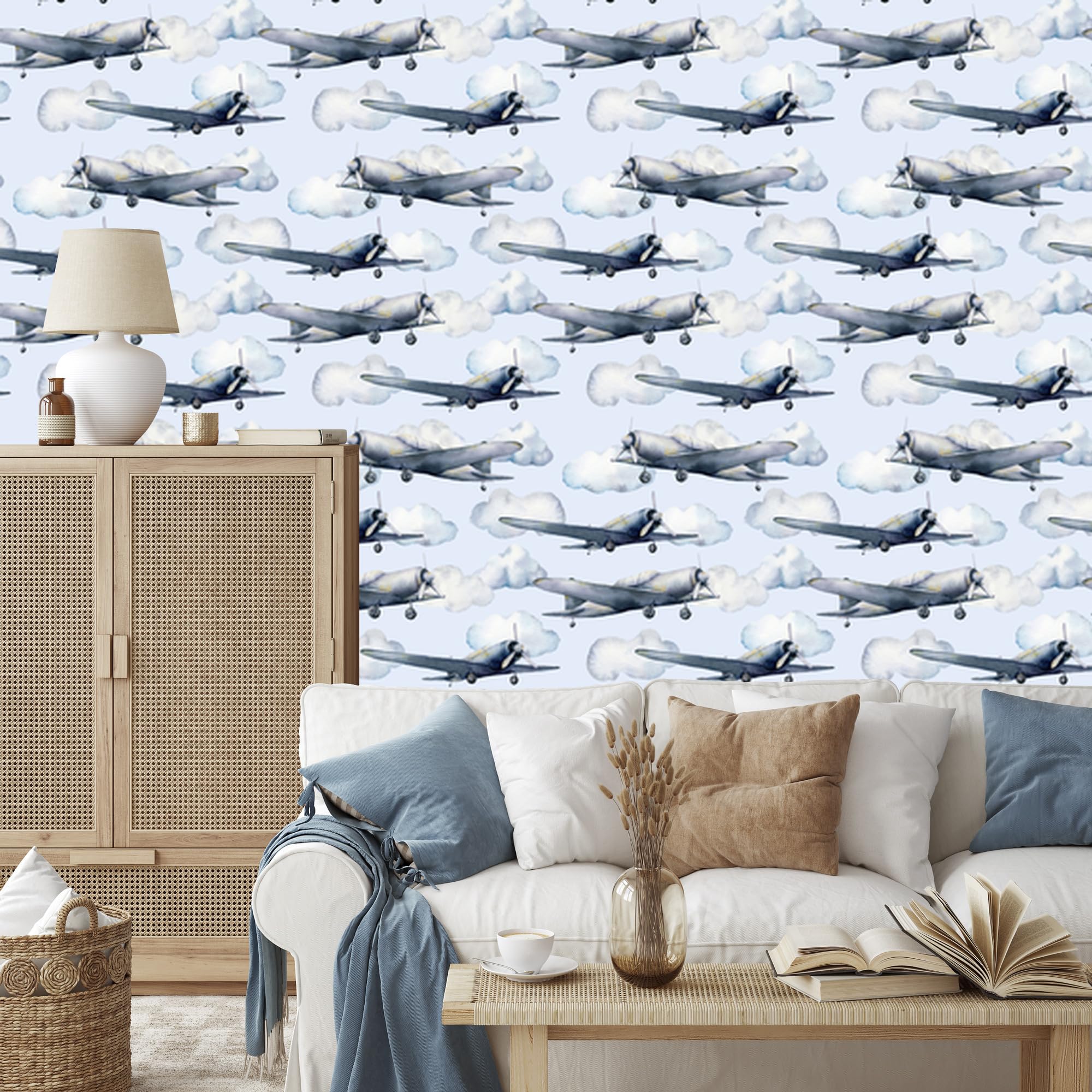 Vliestapete Jugend bemalte -Flugzeuge 50 x 1000 cm | Dynamische Verkehrsszenerie; Technische Bildwelt; Bewegter Raumakzent; Kleister im Set