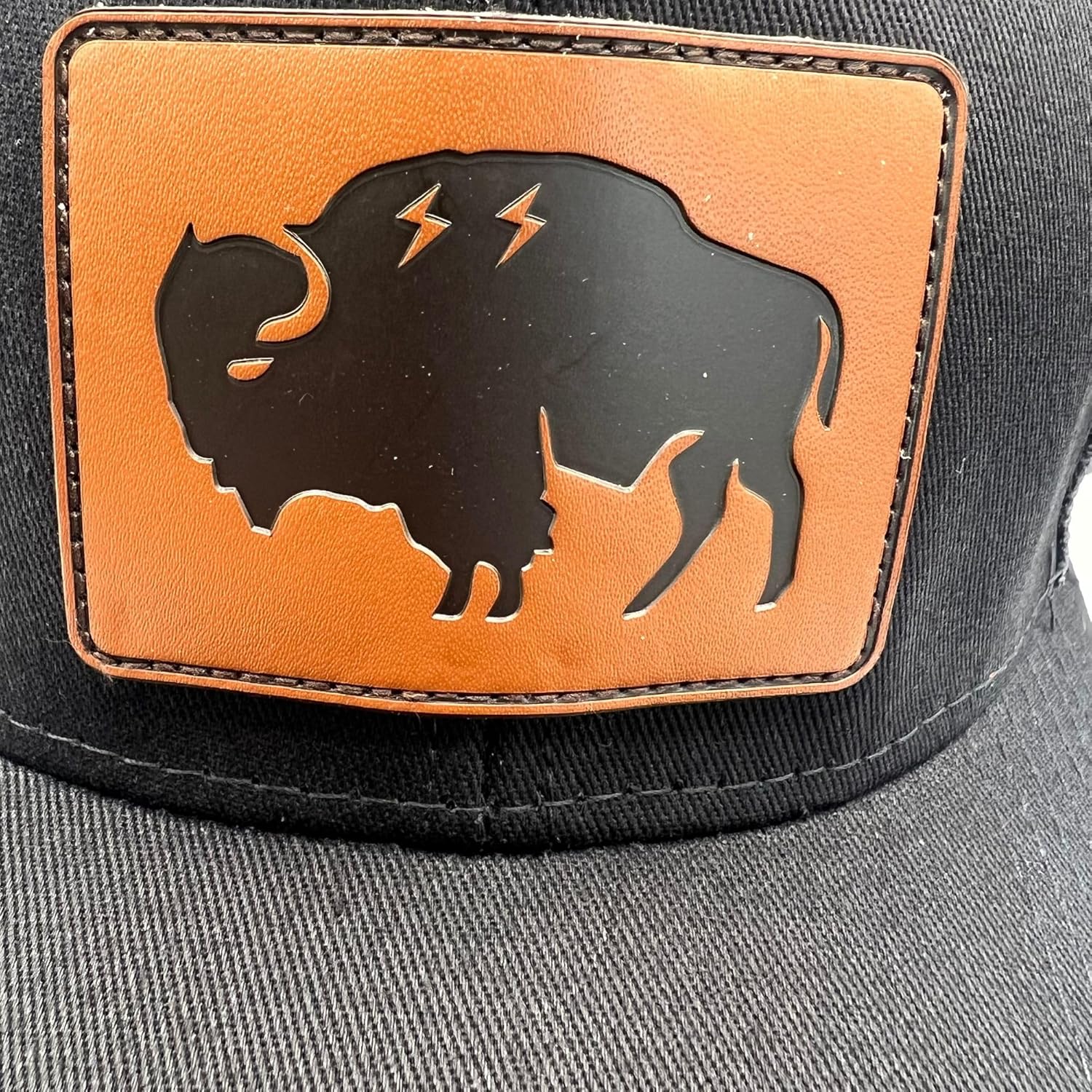 Curved Bill Trucker Hat – All Black Snapback Cap with Leather Buffalo Patch – Breathable Mesh Back Outdoor Hat for Men – Adjustable Trucker Cap