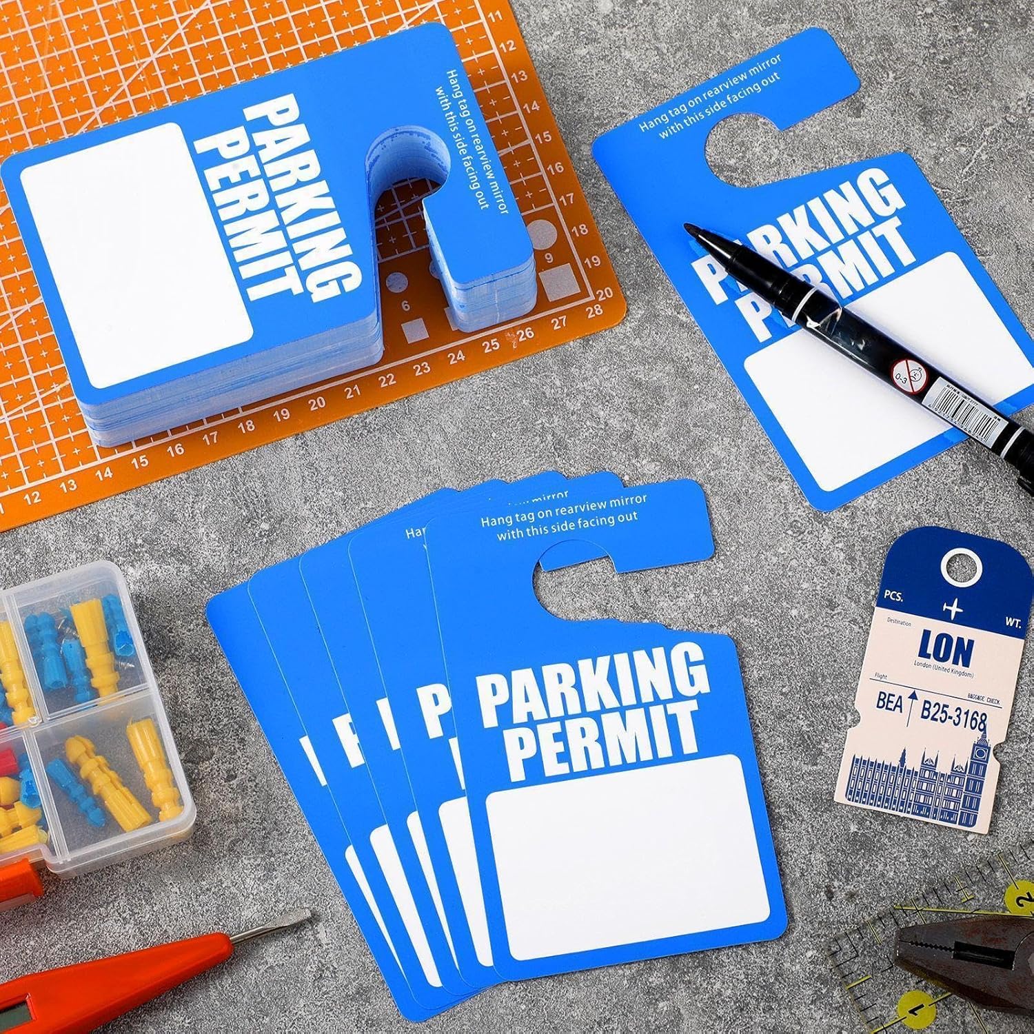 100 Pack Parking Permit Hang Tags Plastic Parking Placards PVC Hang Tag 3 x 5 Inch for Car Rear View Mirror (Blue)