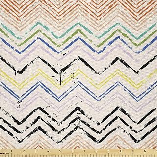 Lunarable Colorful Fabric by The Yard, Geometric Art Composition with Paint Brush Style Strokes Splashes Zig Zag Chevron, Microfiber Fabric for Arts and Crafts Textiles & Decor, Multicolor