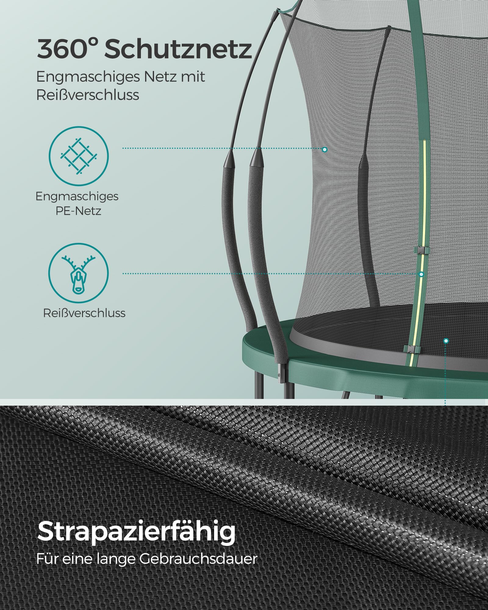 SONGMICS Federloses Trampolin Outdoor Ø 244/305/366 cm, Kindertrampolin Gartentrampolin, elastische Seile, Sicherheitsnetz mit Reißverschluss, Glasfaserstangen, sicher, geräuscharm