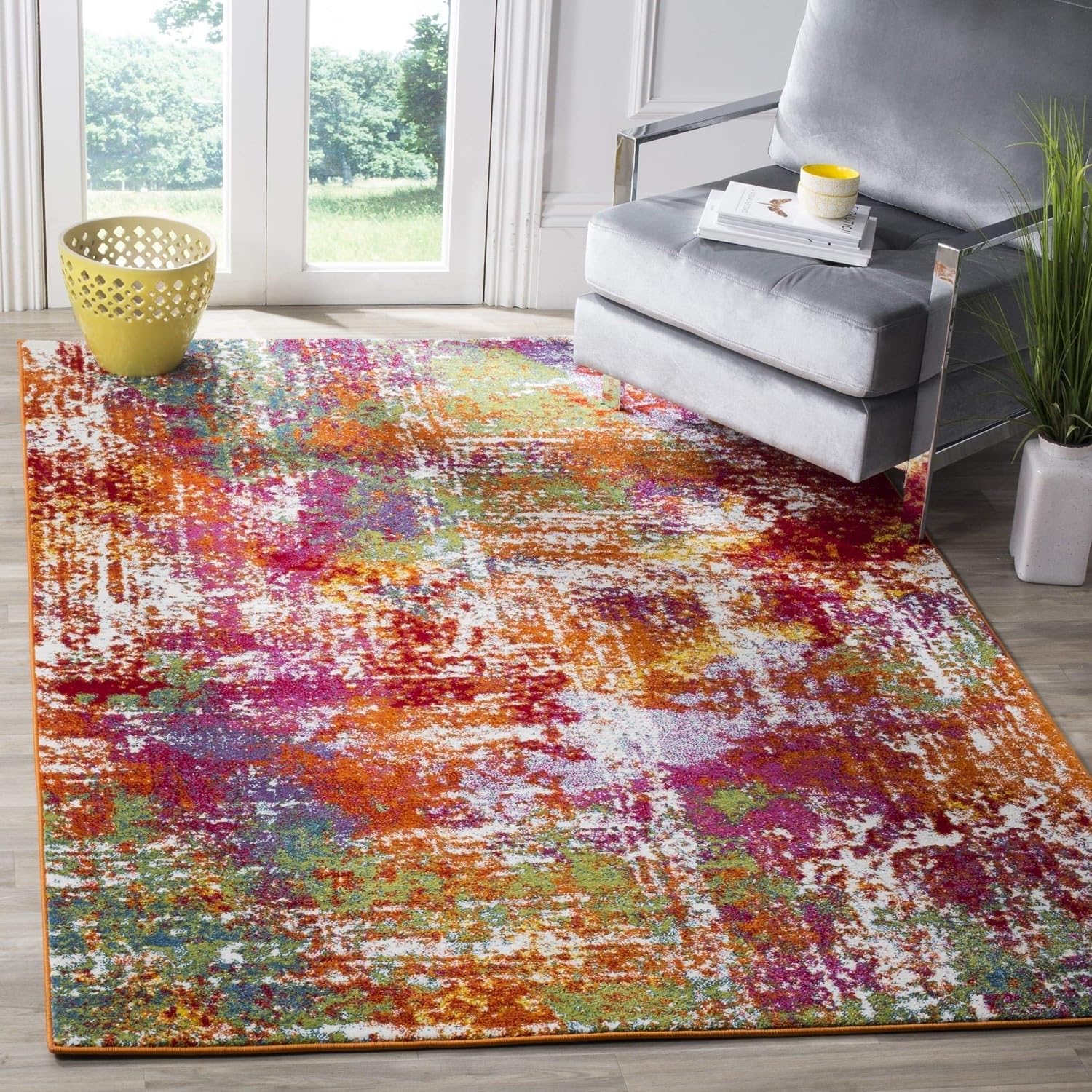 SAFAVIEH Watercolor Collection Accent Rug - 4' x 6', Orange & Green, Modern Boho Abstract Design, Non-Shedding & Easy Care, Ideal for High Traffic Areas in Entryway, Living Room, Bedroom (WTC695D)
