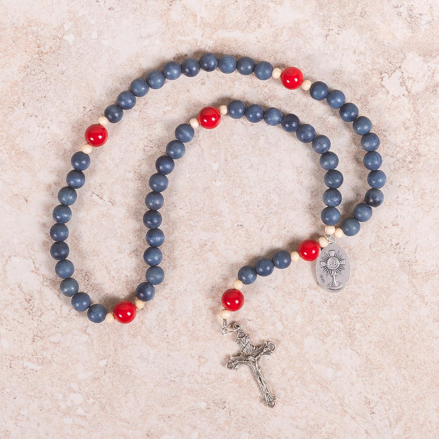 THE CATHOLIC COMPANY St. Carlo Acutis Rosary – Blue Wood Beads & Red Mountain Jade, Silver Crucifix + Prayer Card - Image 5