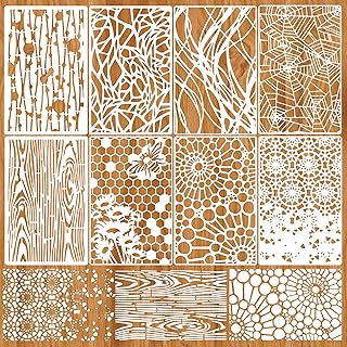 8 Pieces Mixed Media Layering Stencils for Painting,Reusable Spider Web Wood Grain Floral Texture Stencils for Wood Furniture,Cake,Canvas Fabric,Greeting Card,Art Journal