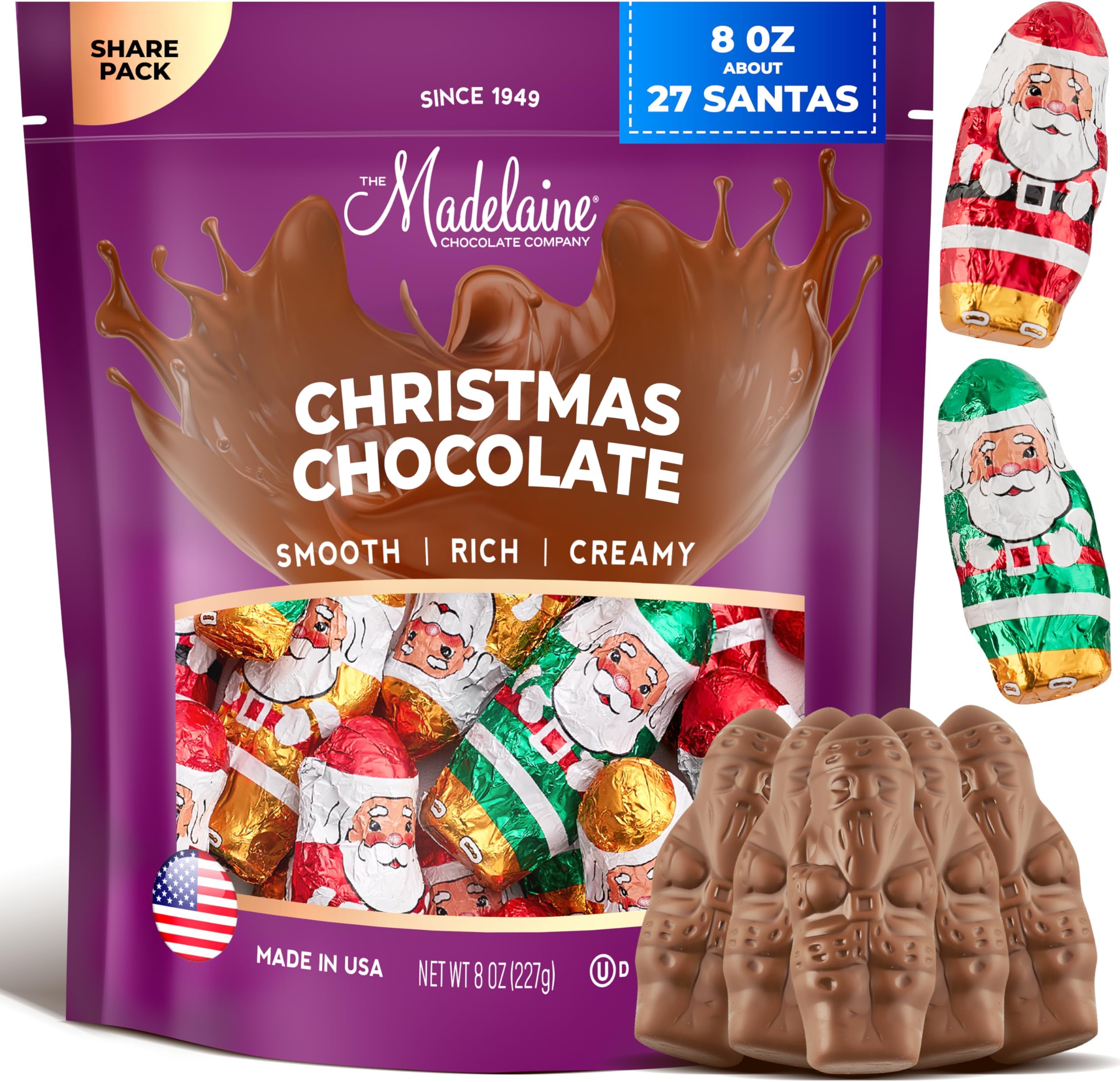Madelaine Milk Chocolate Christmas Mini Santas โ Individually Wrapped Holiday Chocolates for Kids โ Christmas Candy Stocking Stuffers & Holiday Gift Basket Treats โ 8 Oz Bag (Approx. 26 Pieces)