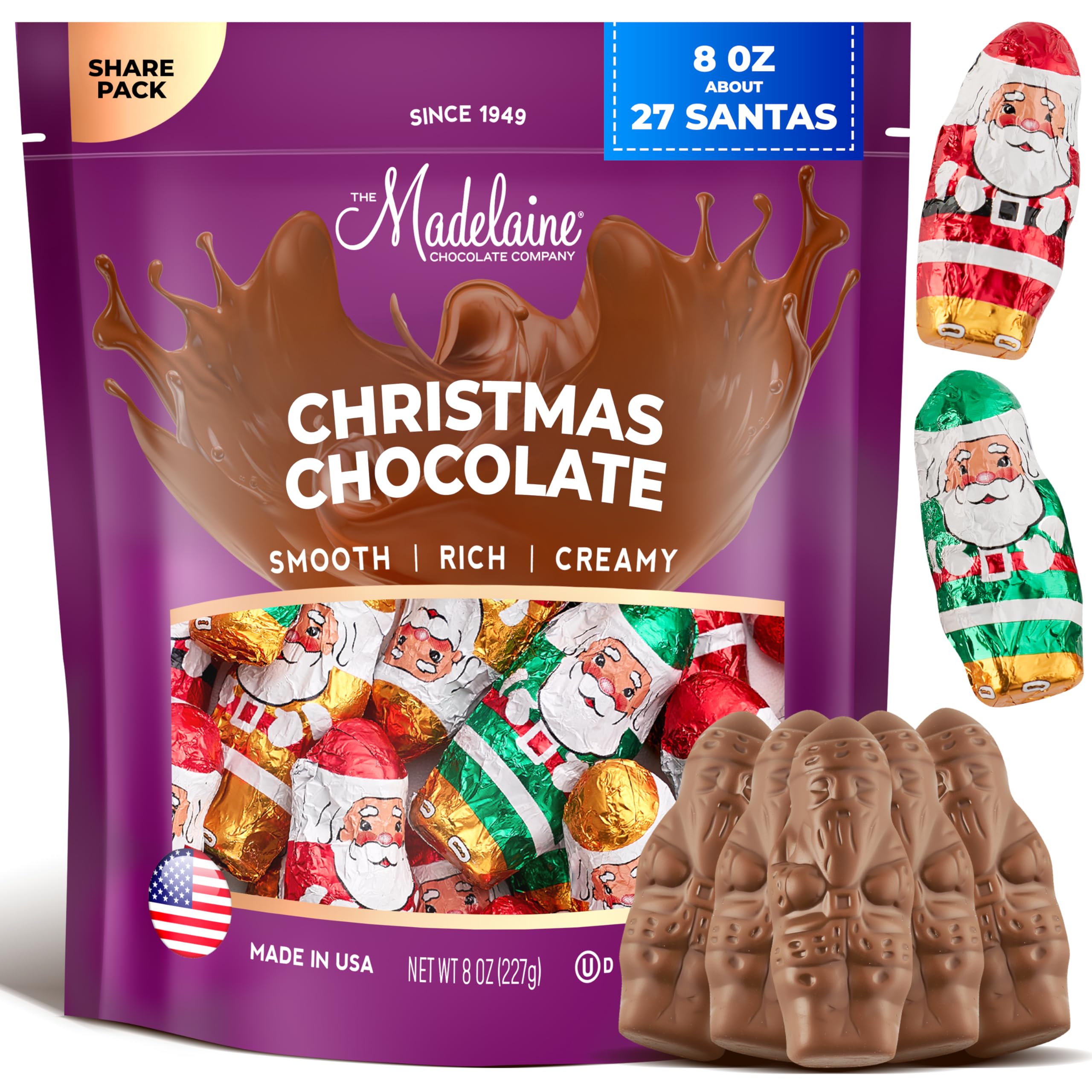 Madelaine Solid Premium Chocolate Mini Santas, (1/2 LB) Wrapped In Italian Foil Featuring Assorted Designs - (Half Pound)