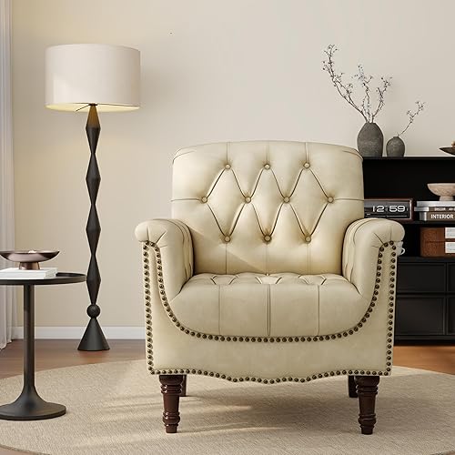 Miniatura 12 de UIXE - Juego de 2 sillas decorativas de cuero sintético, cómodo sillón tapizado para sala de estar, silla con botones decorativos y brazos, sofá