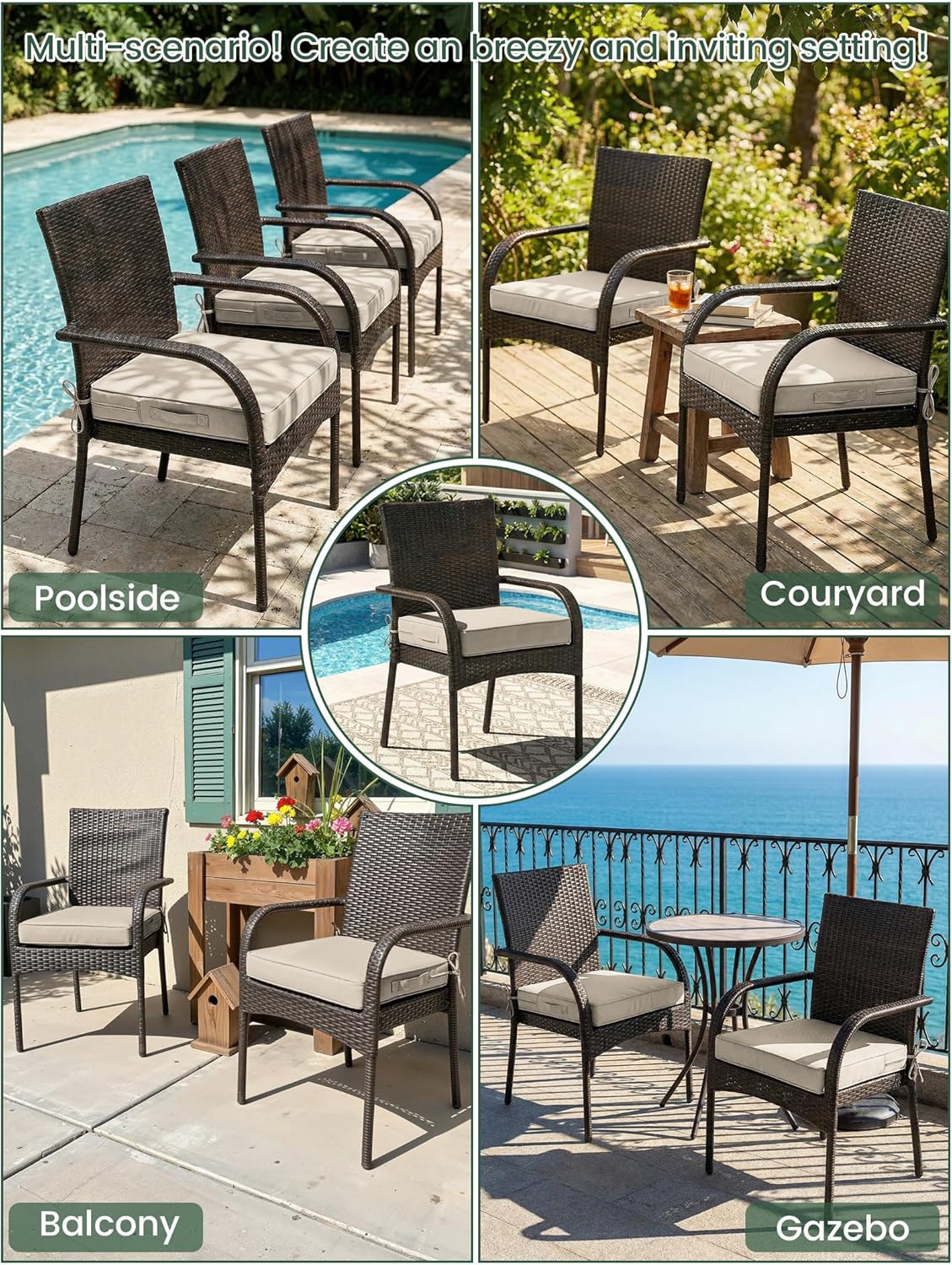 Outdoor Chair Cushion 19 x 19 x 4 Inches Patio Furniture Outdoor Waterproof Seat Cushion, Patio Chair Cushion with Handles and Ties, Square Dining Chair Cushion Set of 2, Cream