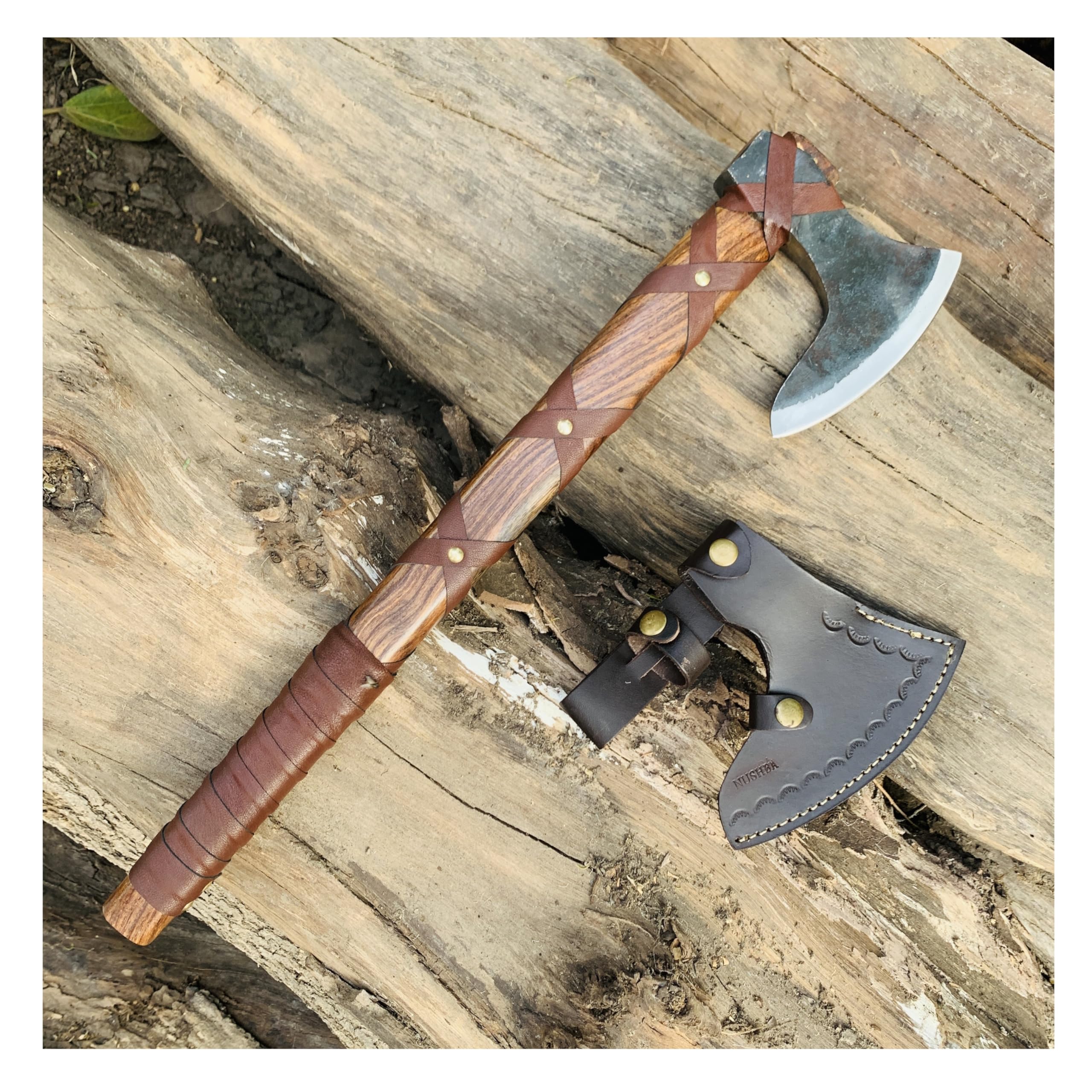Ragnar Lothbrok Viking Battle Axe with Forged Carbon Steel Blade, Handcrafted Rose Wood Handle with Leather Wrap, Decorative Leather Sheath | Perfect Viking Gifts for Men | Antique Axes