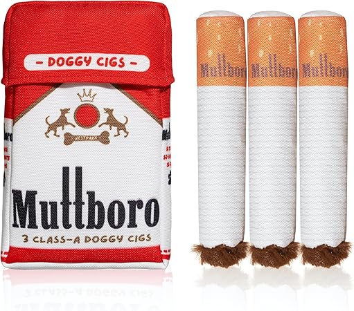 Nestpark Muttboro Doggy Cigs Funny Dog Toys - Parody Plush Squeaky Crinkle Interactive Dog Toy - Hide and Seek Treat Hiding Burrow Puzzle Toy for Stimulating Enrichment Activity