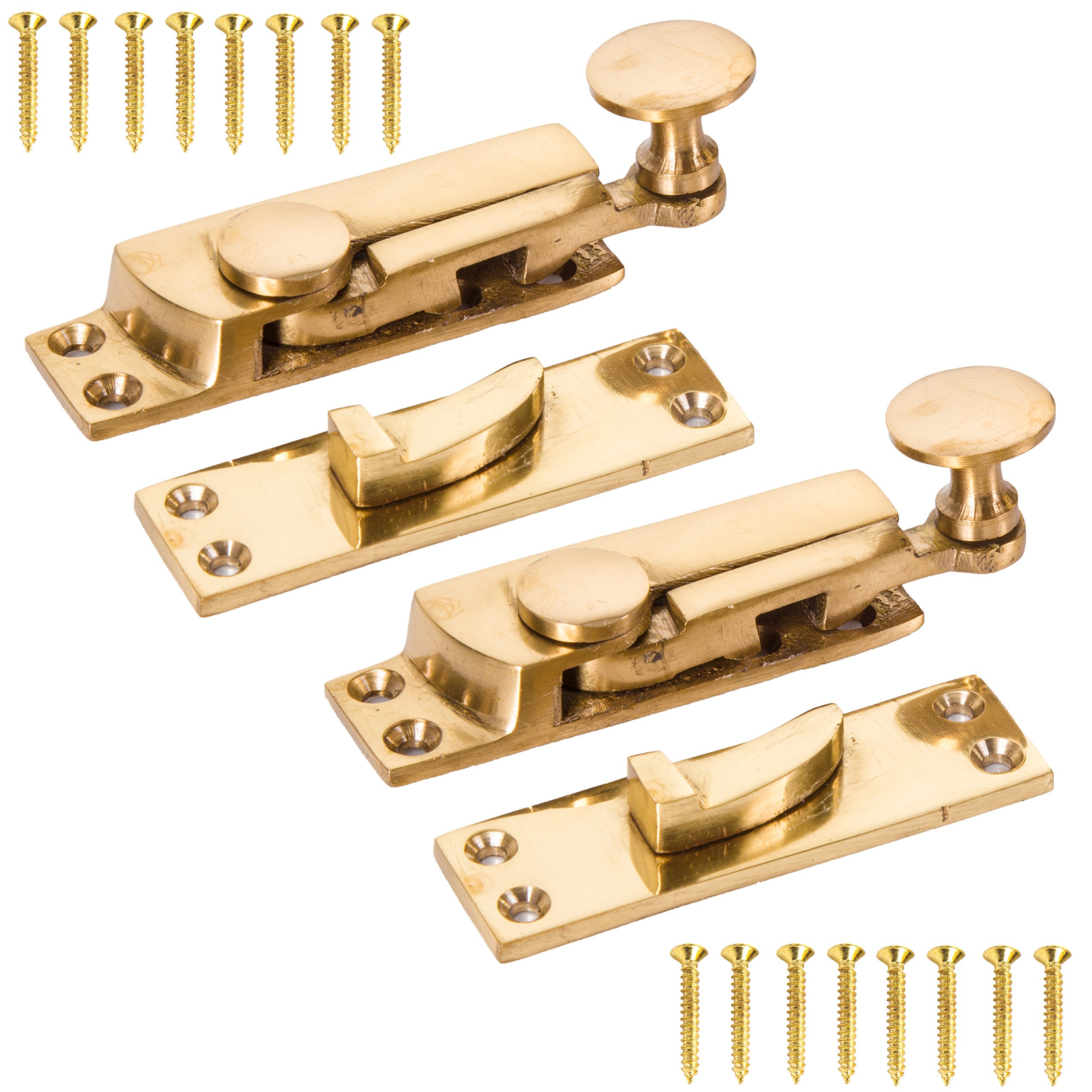 2X Solid Brass Sash Window Lever Arm Fasteners - Slide Locking Wood Frame Latches