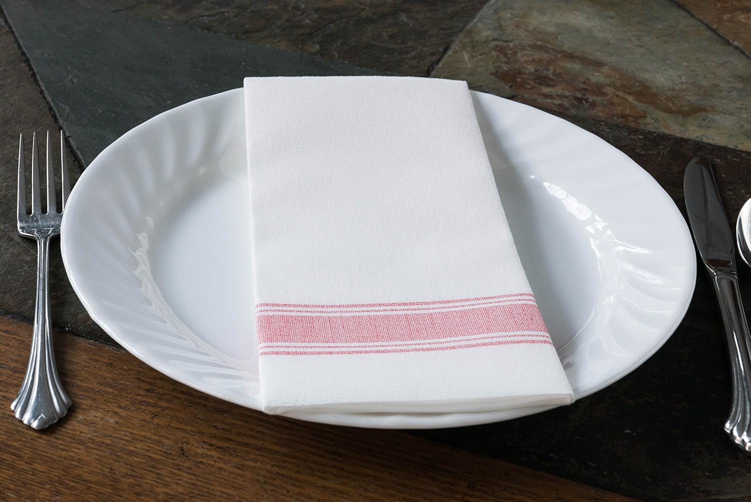 SimuLinen Dinner Napkins -Red Farmhouse / Bistro Stripe - Decorative Cloth Like & Disposable Large Napkins - Soft, Absorbent & Durable (19"x17" - Box of 60) : Health & Household