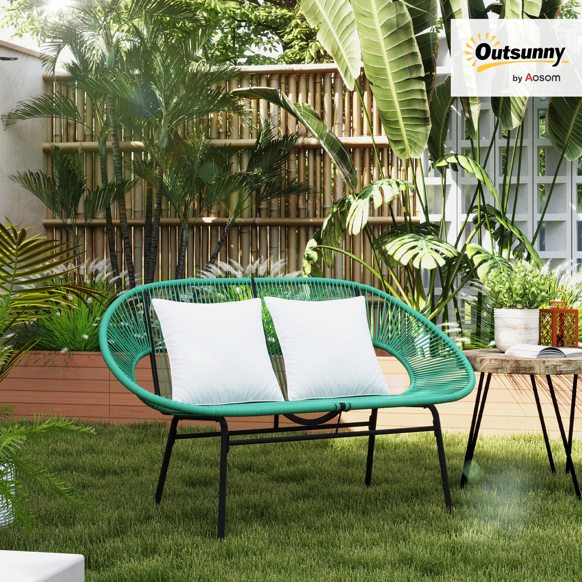 Outsunny Sofá de jardín de 2 plazas en ratán PE, sofá de Exterior con Cojines, reposabrazos y Estructura de Acero, Banco de Exterior, para terraza y Patio, 132 x 72 x 83 cm, Verde Oscuro