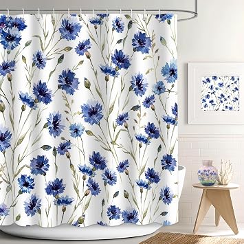 APROPHIC Blue Floral Shower Curtain, Watercolor Flower Shower Curtain for Bathroom, Waterproof Fabric Shower Curtain Set with 12 Hooks Bathroom, 72x72 Inch