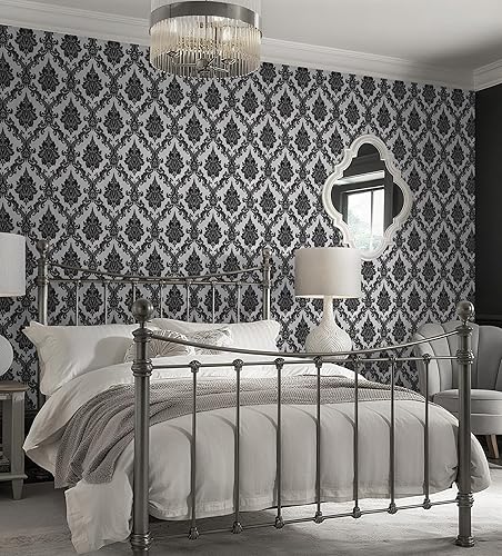 Miniatura 6 de Papel tapiz autoadhesivo de 17.7 x 197 pulgadas, color negro y plateado, papel de contacto de damasco, papel de contacto autoadhesivo de película de