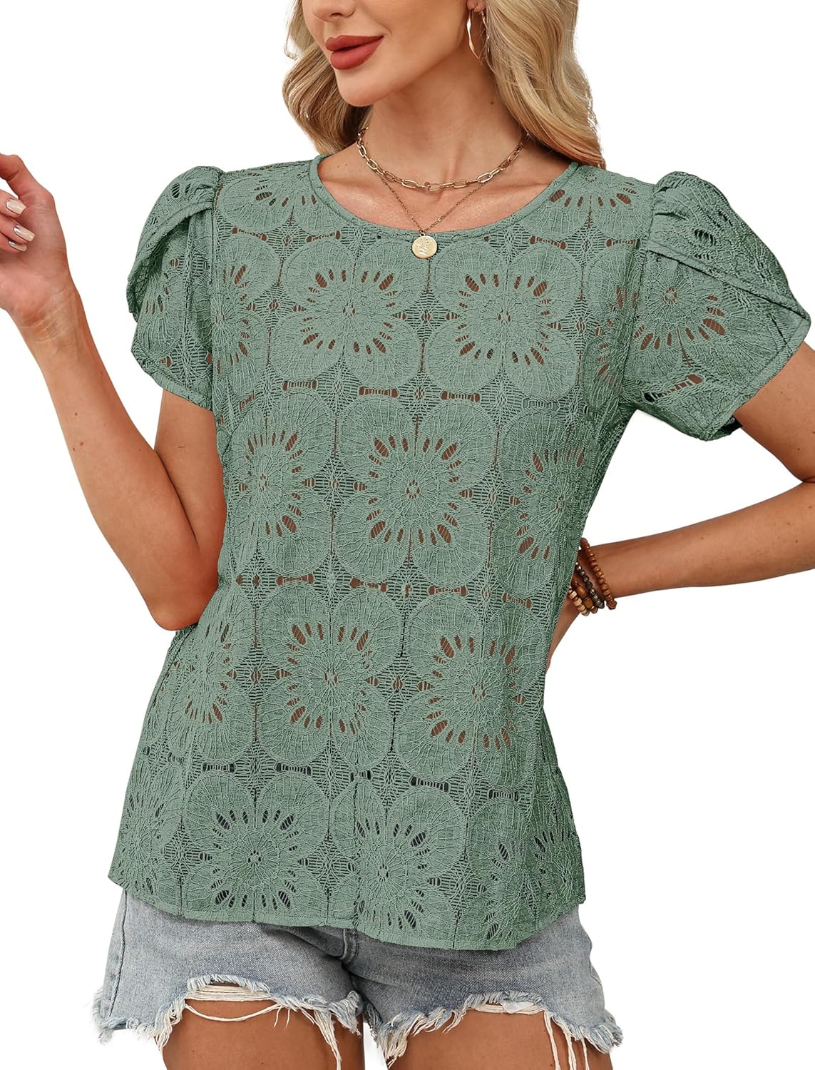 OFEEFAN Blouses for Women Dressy Casual Petal Short Sleeve Shirts Crochet Lace Boho Tops Spring Fashion Summer Outfits - Image 3