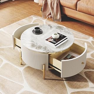 Merax 31.5 Round Solid Wood Coffee Table with 2 Large Drawers Storage Modern Exquisite Marble Pattern Golden Legs for Elegance Living Room, White