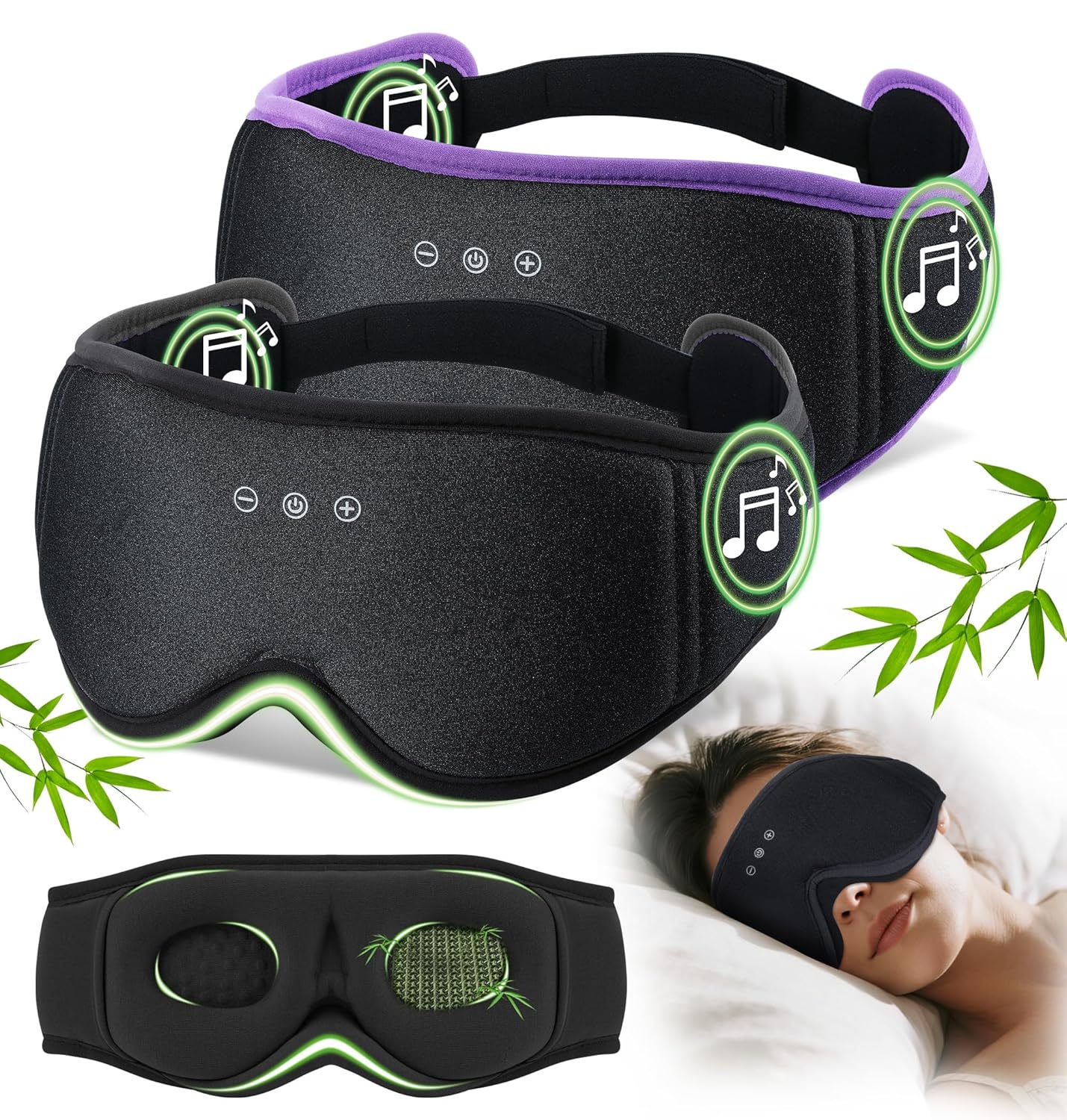 LC-dolida 2 Pack Bluetooth Sleep Mask Bamboo Cotton 3D Blackout Contoured Bluetooth Sleep Headphones Sleeping Eye Mask with
