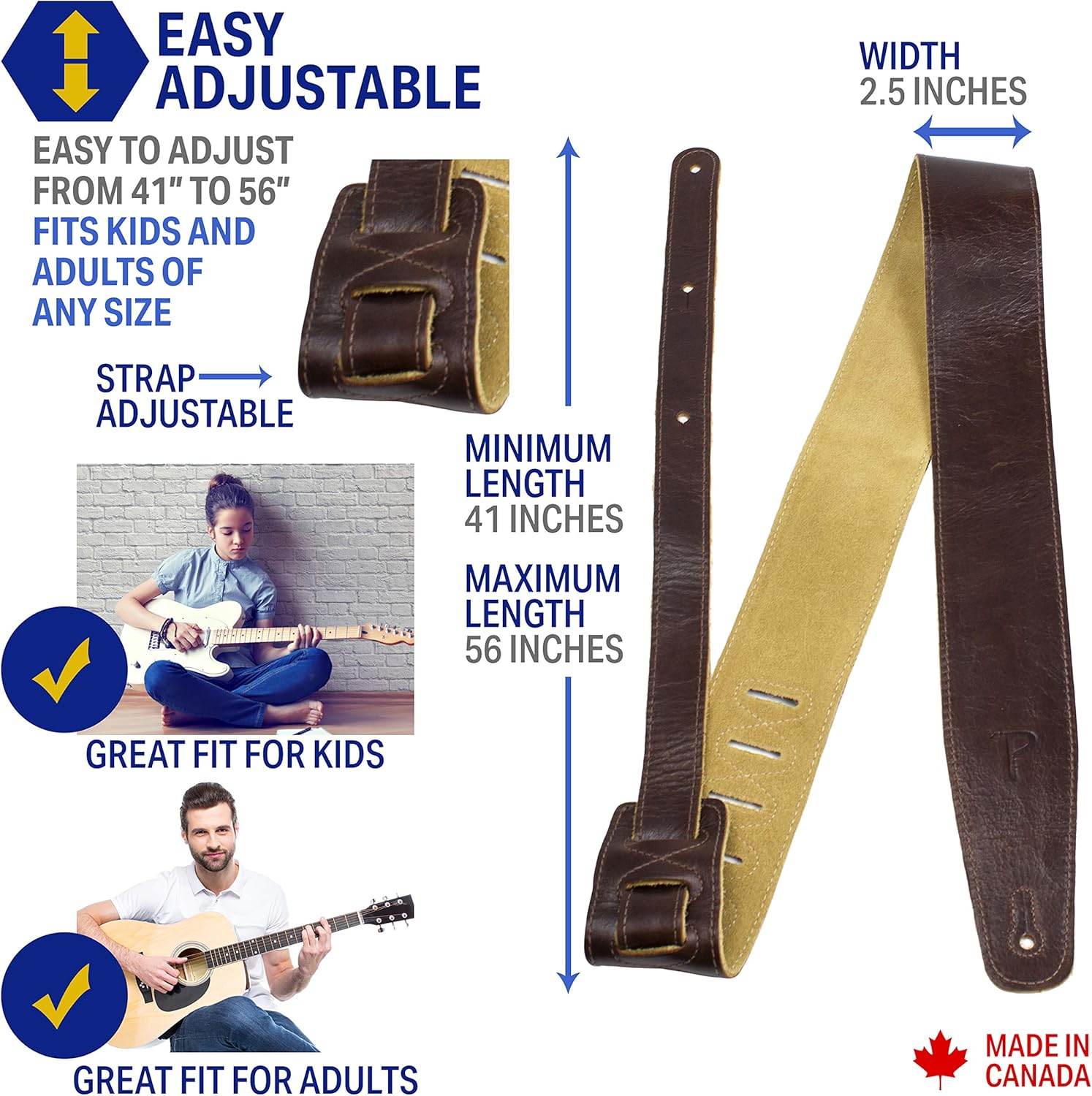Perri's Leathers Ltd. - The Africa Collection - Adjustable Strap From 41″ to 56″ for Electric, Acoustic, Bass Guitar - The Africa Collection - Chocolate (AFR25-6875)