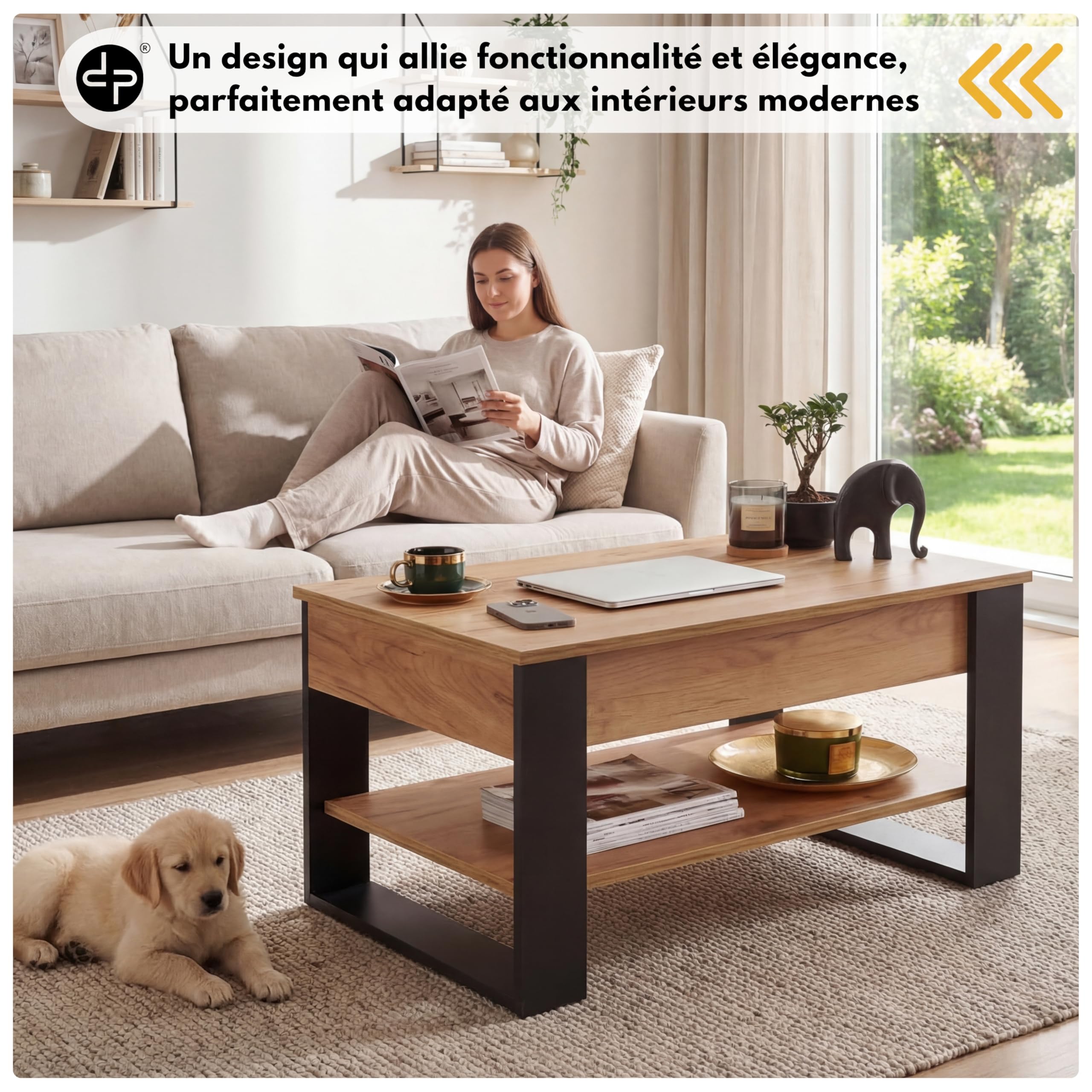 defiPad Table Basse Relevable avec Rangement – Table de Salon Moderne Industriel – Coffee Table avec Étagère et Compartiment Caché – Fabriquée en Europe – Plateau Réglable 45-61 cm (Noir + Chêne)