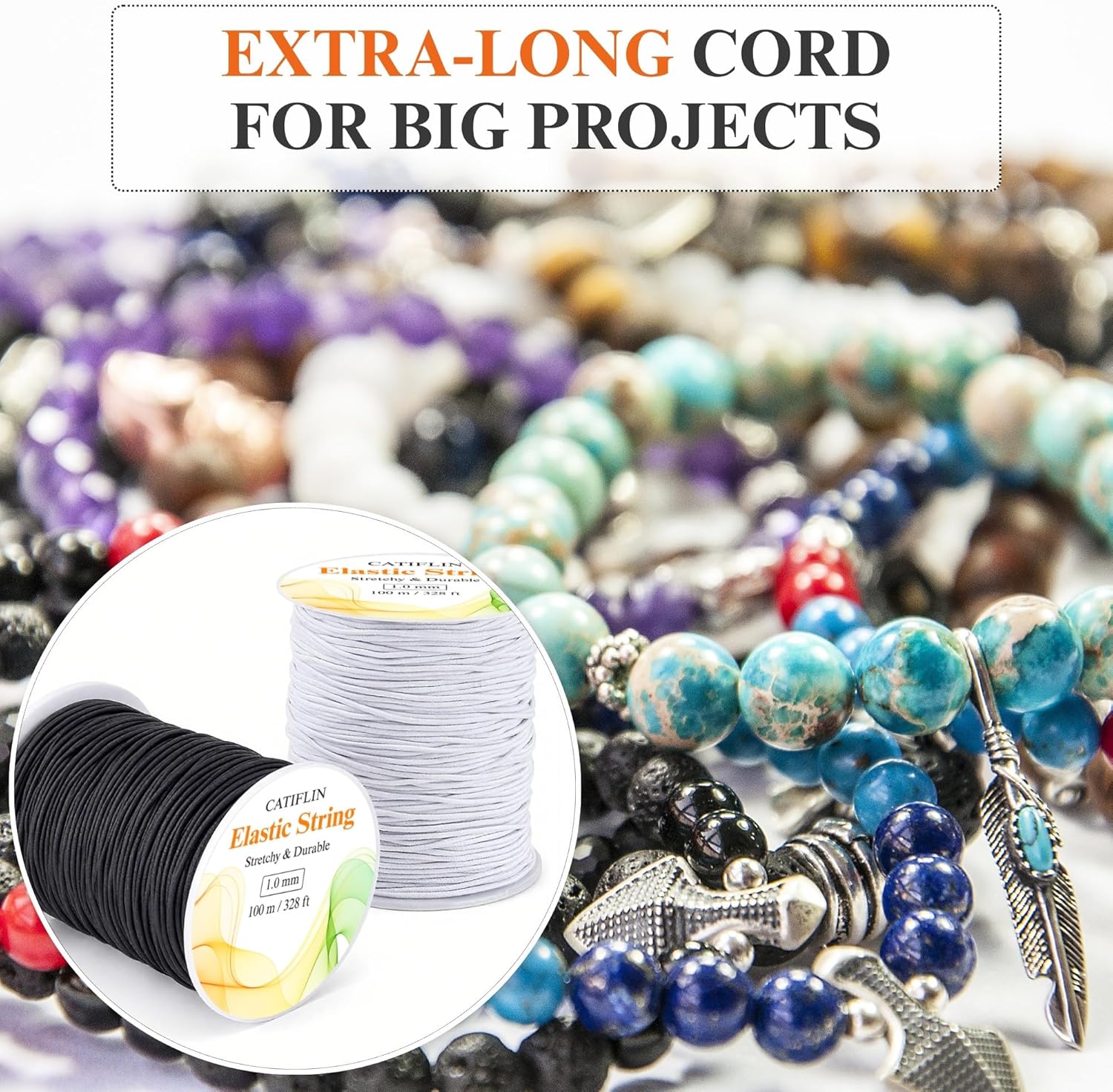 CATIFLIN Elastic String for Bracelets 2 Rolls 1mm 656FT, Stretchy Cord for Beading, Jewelry Making, Pony Beads, Charms, DIY Crafts, Black and White Nylon Thread, Strong Bracelet Supplies - Image 2