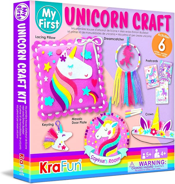 KRAFUN My First Unicorn Art & Craft Kit for Young Kids Beginner, Includes 6 Animal Projects, Instructions & Felt, Paper Materials for Learning to Lace, Sew, Coloring, Make Dreamcatcher, Mosaic Charm