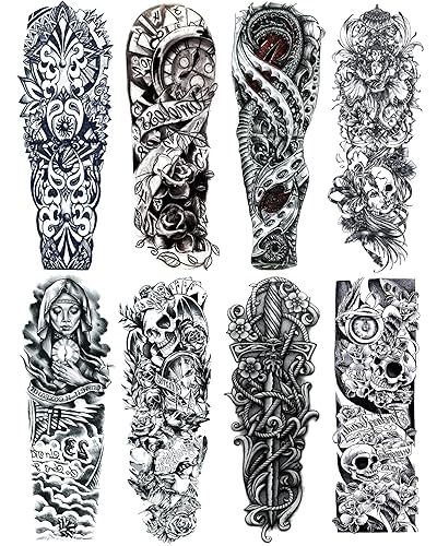PADOUN Tótem negro de manga de calavera de flores temporales realistas tatuajes de manga temporal de 8 hojas para hombres mangas de tatuaje de brazo