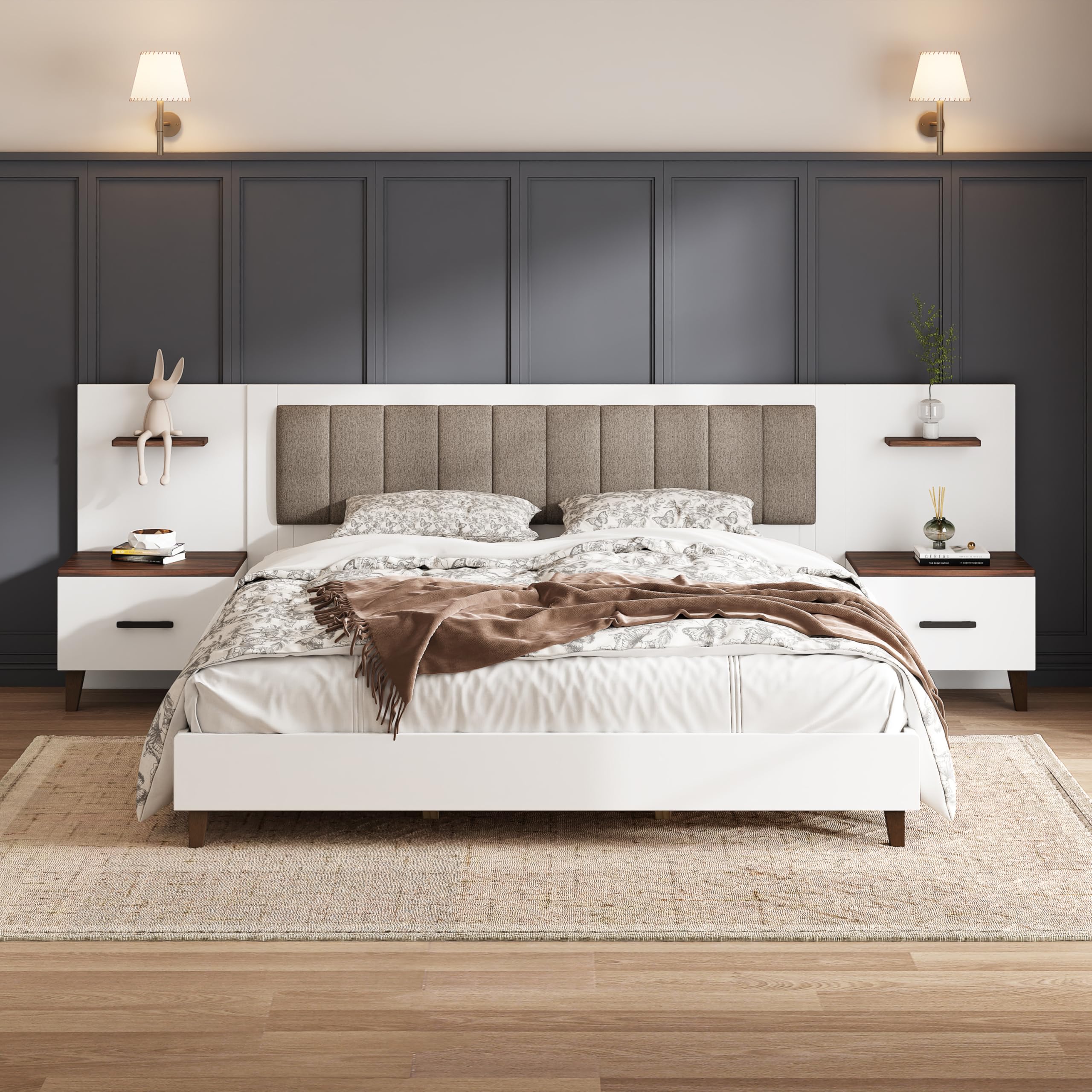 Merax King Size Bed Frame with 2 Nightstands and 2 Floating Storage Shelves, Contemporary Platform Bed Frame King Size with Upholstered Headboard, No