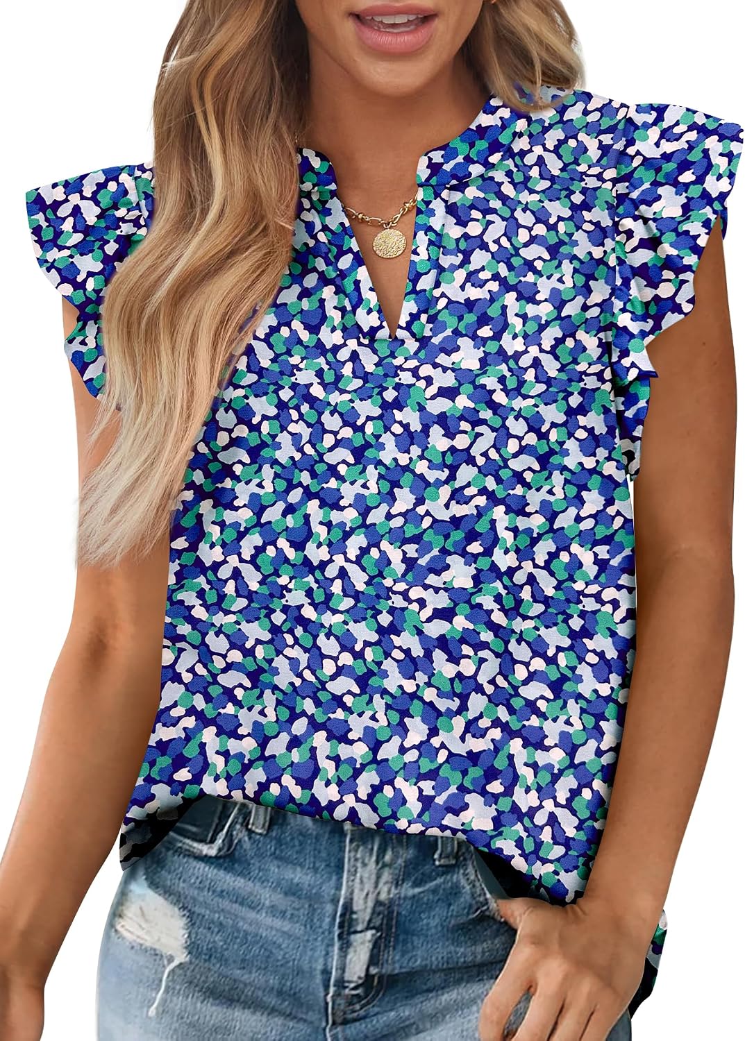 Zenlonr Womens Dressy Casual Tops 2026 Summer Ruffle Cap Sleeve V Neck Shirts Boho Floral Blouses Vacation Outfits
