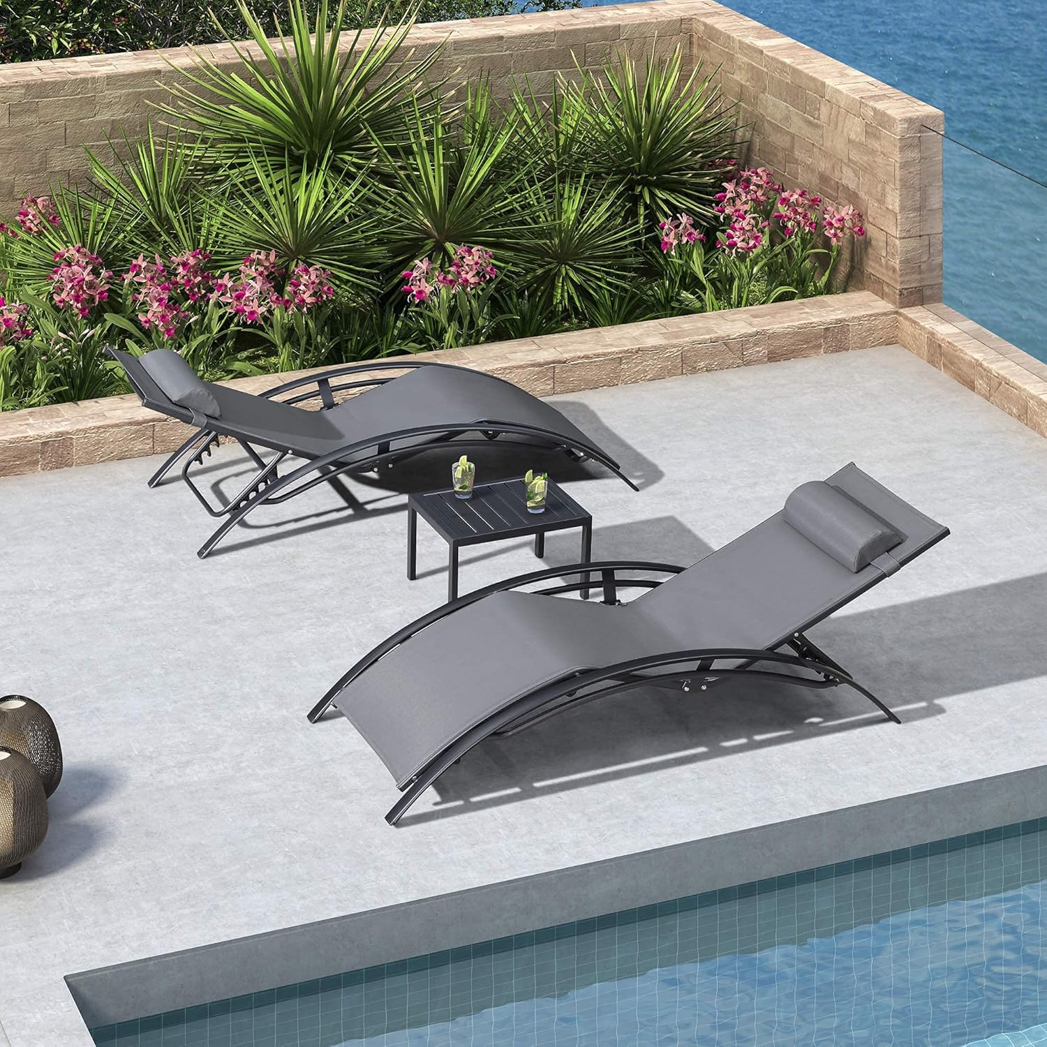 PURPLE LEAF Patio Chaise Lounge Set of 3 Outdoor Lounge Chair Beach Pool Sunbathing Lawn Lounger Recliner Chiar Outside Tanning Chairs with Arm for All Weather, Side Table Included, Grey : Patio, Lawn & Garden