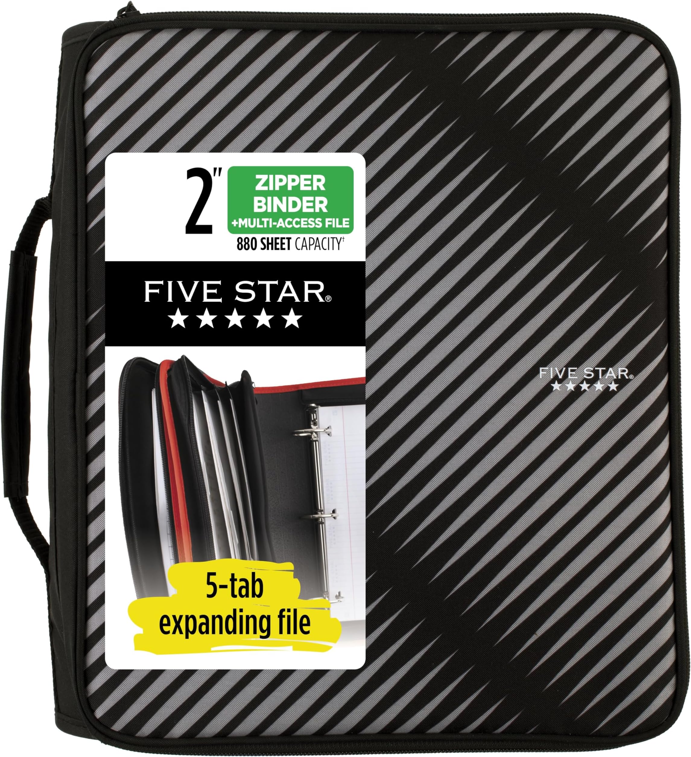 Five Star Zipper Binder, 2 Inch 3-Ring Binder for School, 6 Pocket Expanding File, 380 Sheet Capacity, Black (72536)