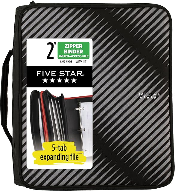 Five Star Zipper Binder, 2 Inch 3 Ring Binder, 6-Pocket Expanding File, Durable, Black (72536)