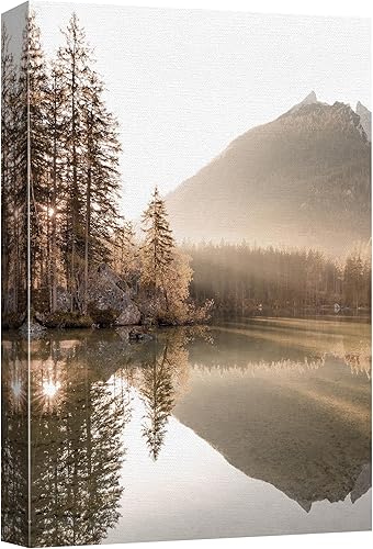 SIGNFORD Lienzo impreso para pared, reflexiones de otoño en la montaña, lago, follaje dorado y sereno naturaleza fotografia, realismo, paisaje