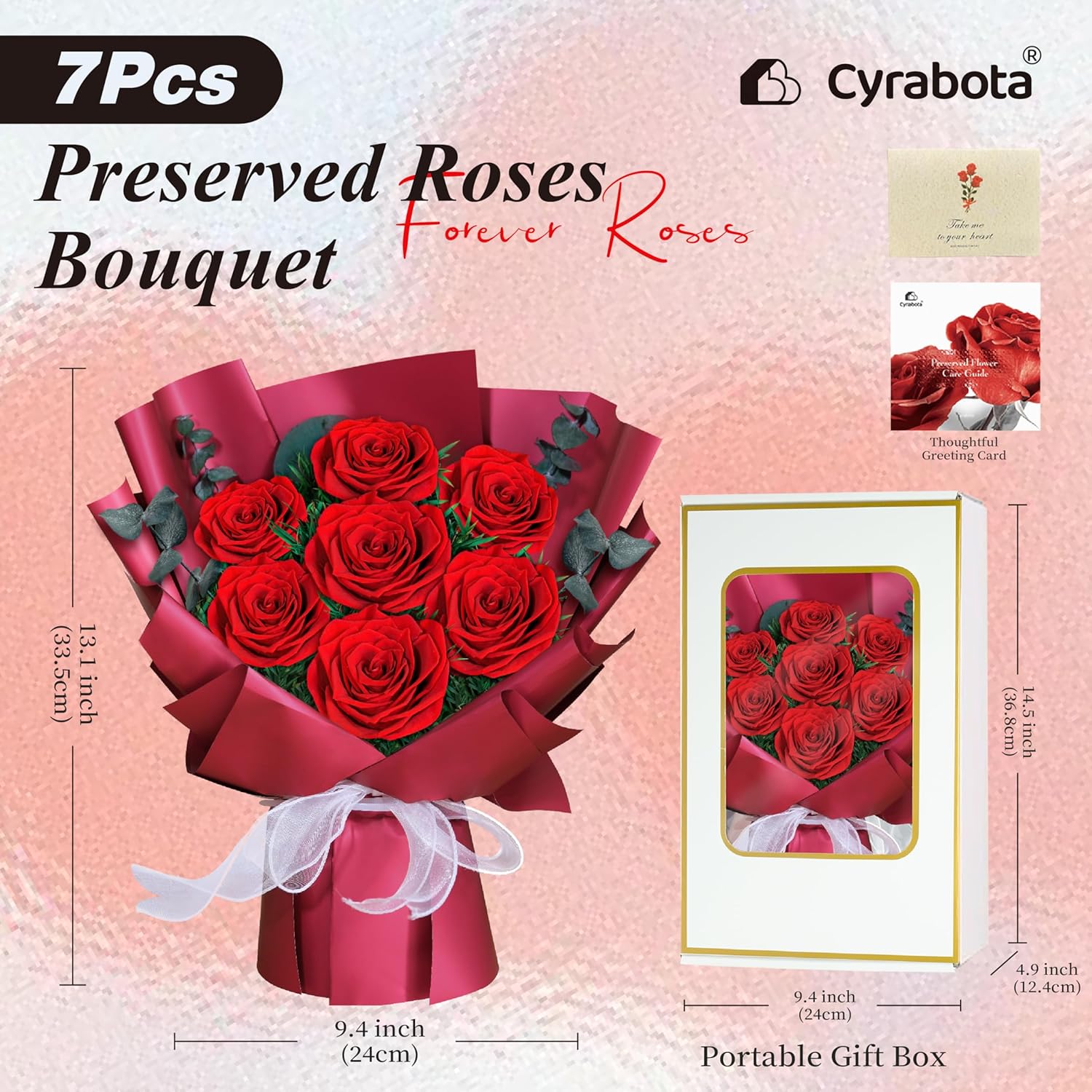 Preserved Red Rose Bouquet, 7 Pcs Real Forever Flowers Last 3+ Years, Gifts for Valentine's Day Mother's Day, for Wife Girlfriend Mom Her