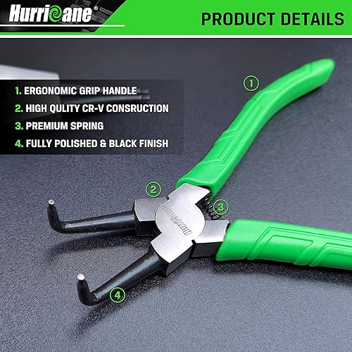 Miniatura 2 de HURRICANE Juego de 4 alicates de anillo a presión, kit de alicates de clip de 7 pulgadas interno y externo, alicates de mandíbula recta y doblada