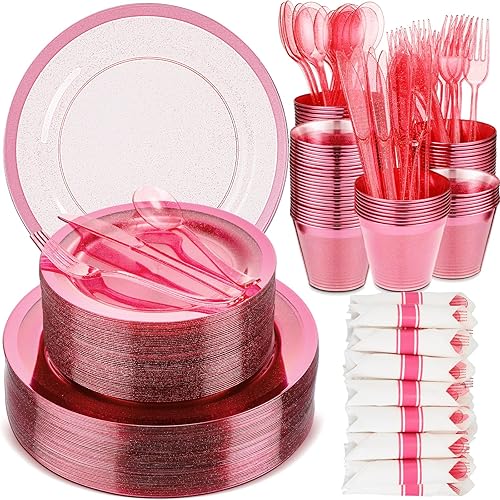 Maxcheck El juego de vajilla de plástico con purpurina rosa de 350 piezas incluye 50 platos llanos, 50 platos de postre, 50 vasos de plástico de 9
