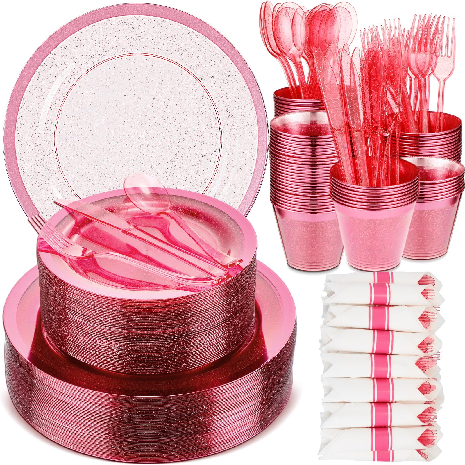 Maxcheck 350 Pcs Pink Plastic Dinnerware Set 50 Guests Disposable Glitter Dinnerware with 50 Dinner Plates, 50 Dessert Plates, 50 Cups, 50 Napkins,