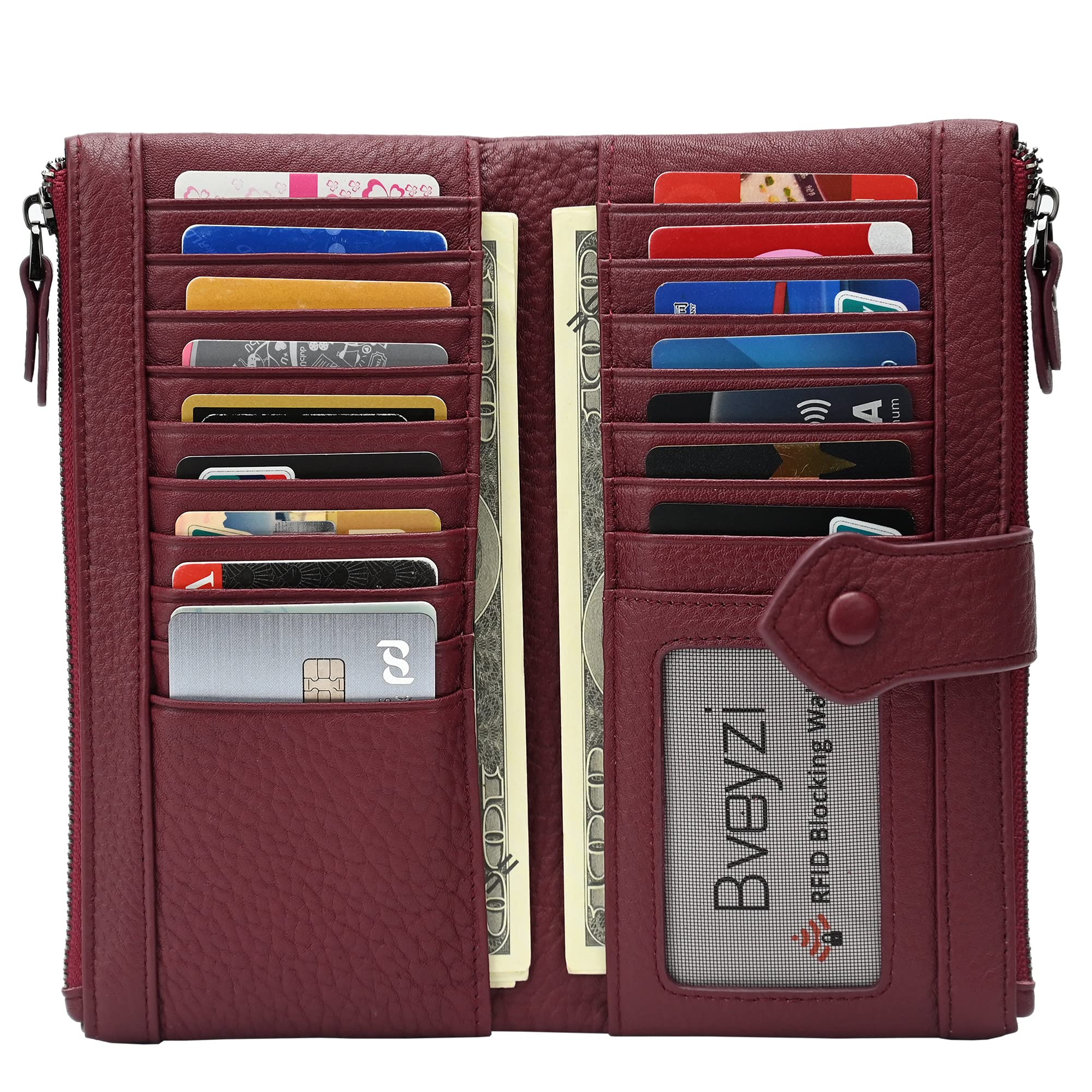 Women RFID Blocking 17 Credit Card Slots Bifold Slim Leather Clutch Wallets with Zipper Pocket (Wine Red)