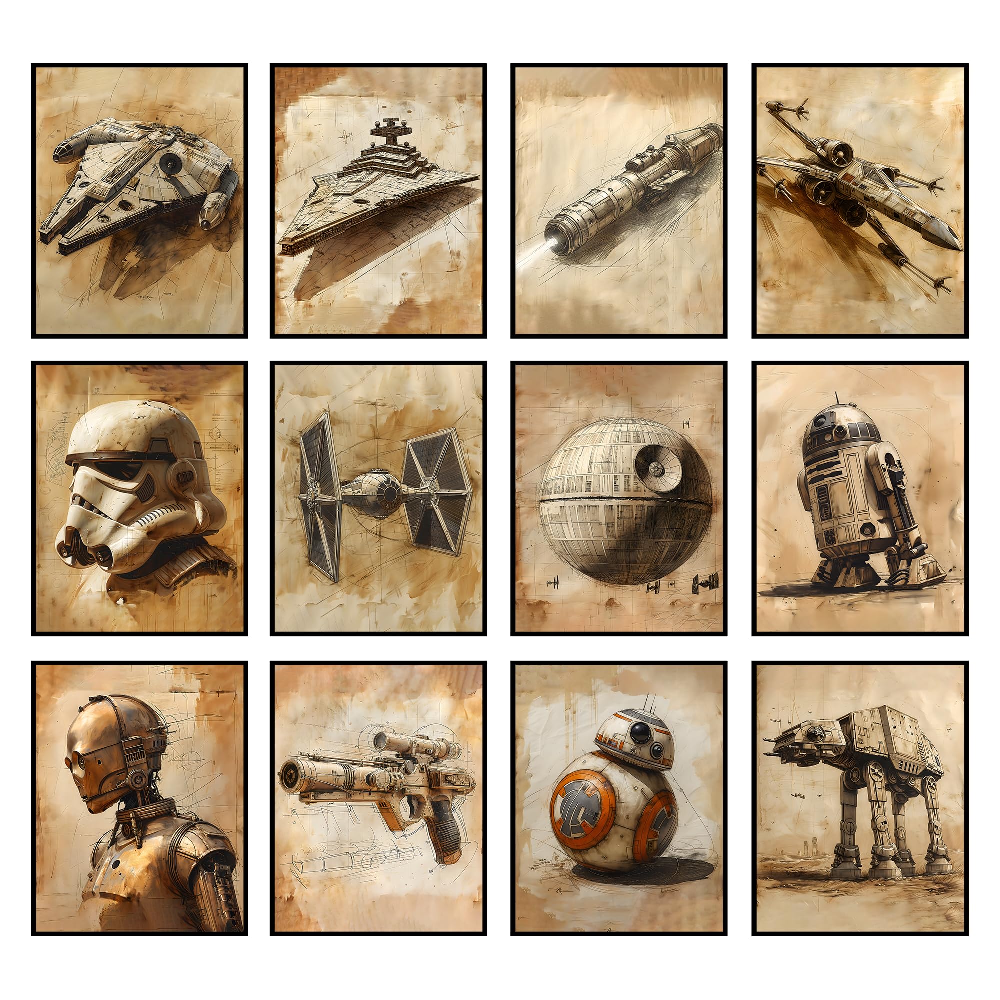 BigWig PrintsBigWig Prints Star Wars Wall Art - Star Wars Posters, Starwars Posters For Walls, Millennium Falcon, TIE Fighter, R2-D2, Stormtrooper, AT-AT Walker, X-Wing, Blaster - Unframed Set of 12 (8x10)