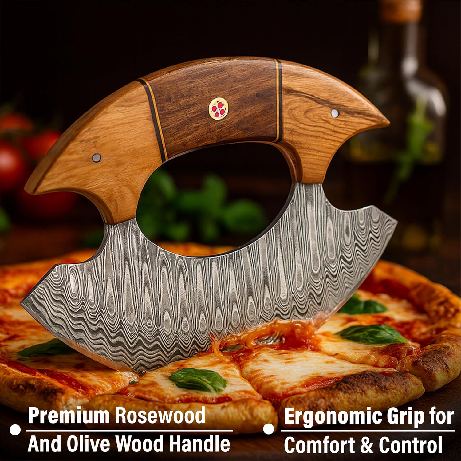RC Knives Damascus Ulu Knife with Leather Sheath – Full Tang Handmade Alaskan ulu knives - Wooden Handle, Pizza Cutter & Salad Chopper, Meat and Herbs, Great for Outdoor Cooking and Gifts for Men - Image 2