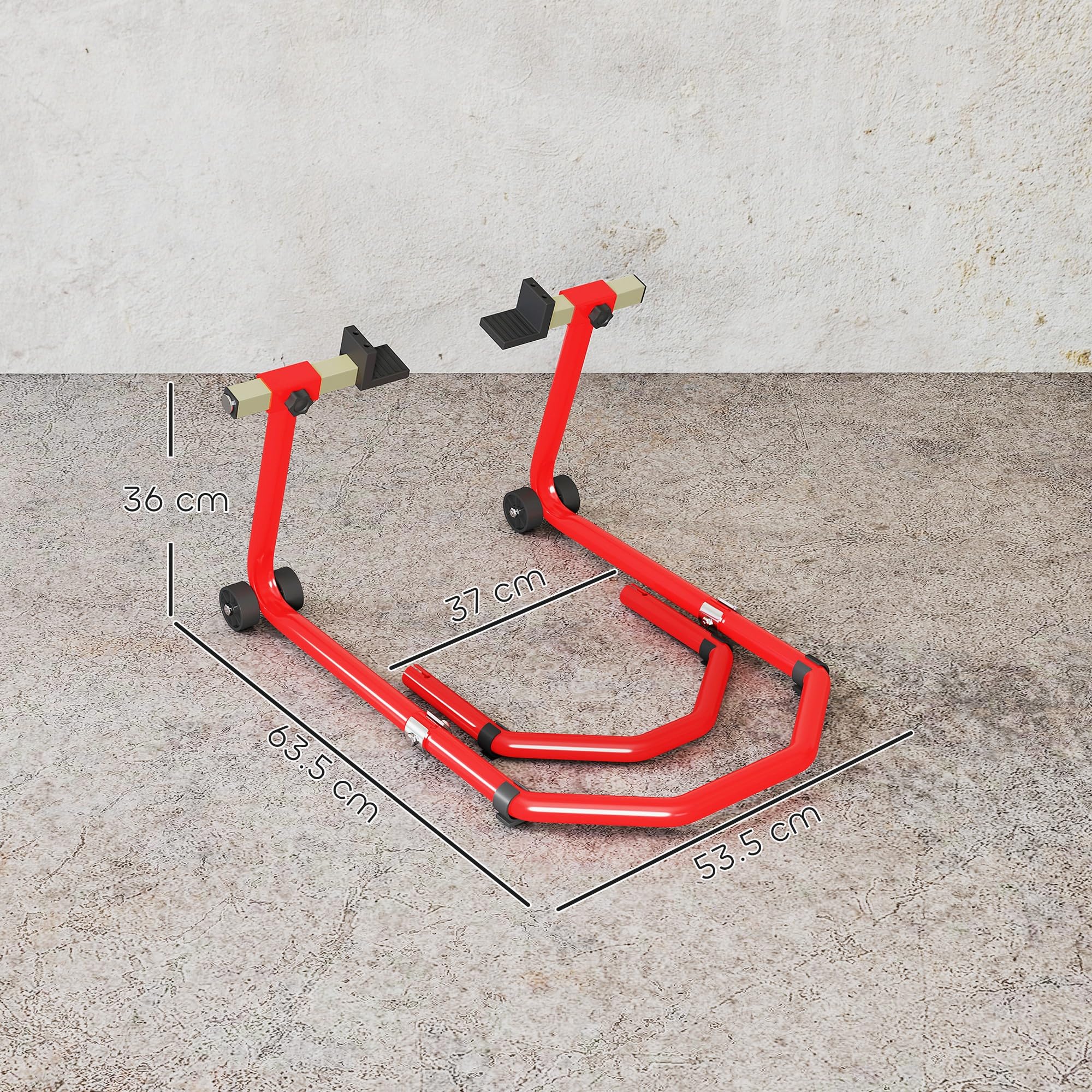 HOMCOM Cavalletto Moto Convertibile Anteriore Posteriore con Forcelle a U e L Supporto per Moto Regolabile Portata 390 kg dotato di Rotelle e Cuscinetti Antiscivolo per Officina e Garage Rosso