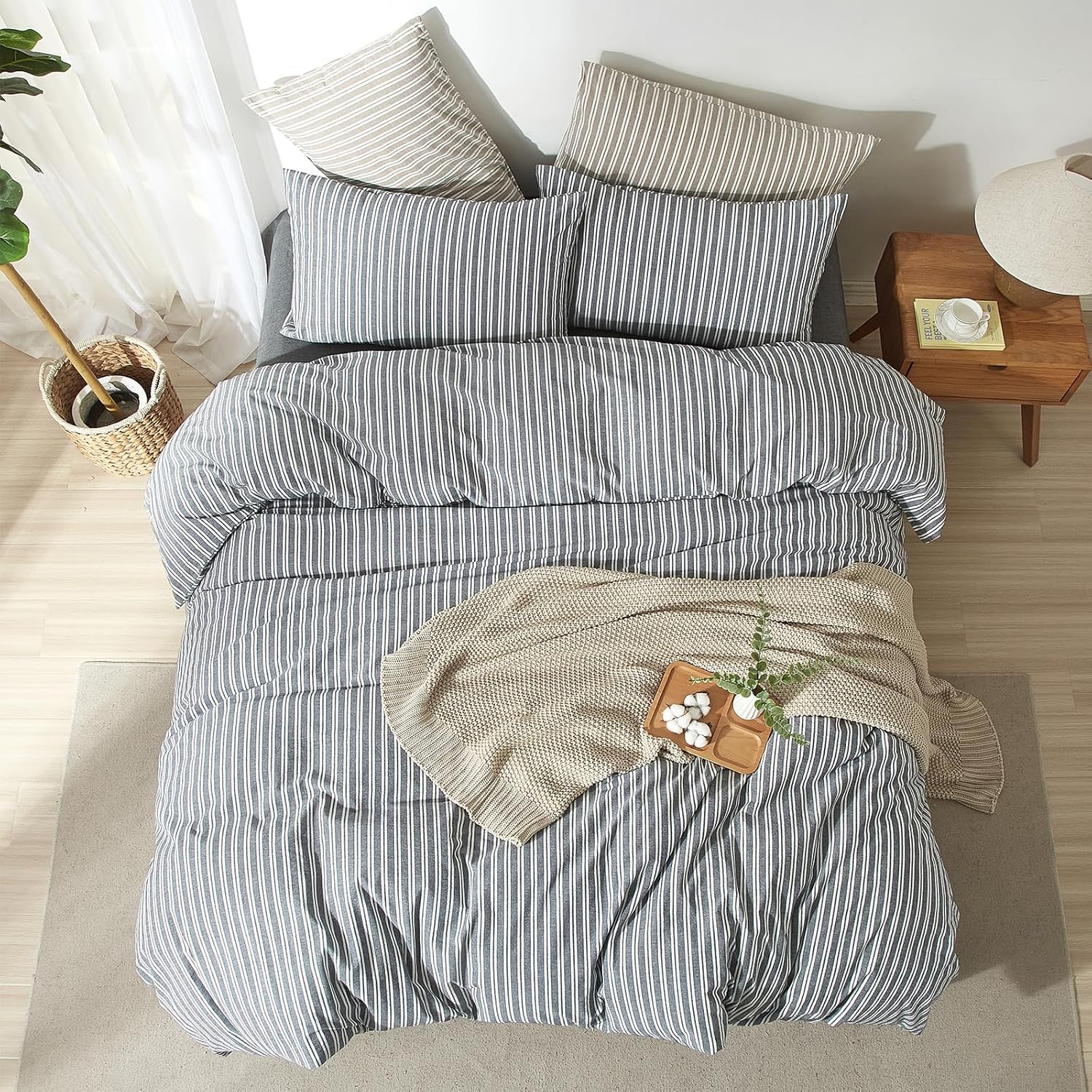 Striped Duvet Cover Set King Size 100% Washed Cotton Linen Touch Natural Wrinkle Comfortable Breathable Durable Bedding (King, Double Stripe-Navy Blue/White) - Image 5