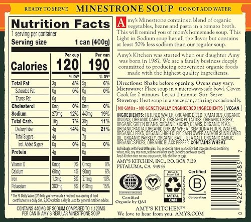 Miniatura 2 de Amy’s Soup, Vegan Minestrone, Light in Sodium, Made With Organic Vegetables, Beans and Pasta in Tomato Broth, Canned Soup, 14.1 Oz (12 Pack)