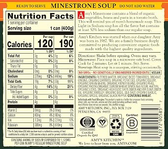 Amys Soup, Vegan Minestrone, Light in Sodium, Made With Organic Vegetables, Beans and Pasta in Tomato Broth, Canned Soup, 14.1 Oz (6 Pack)