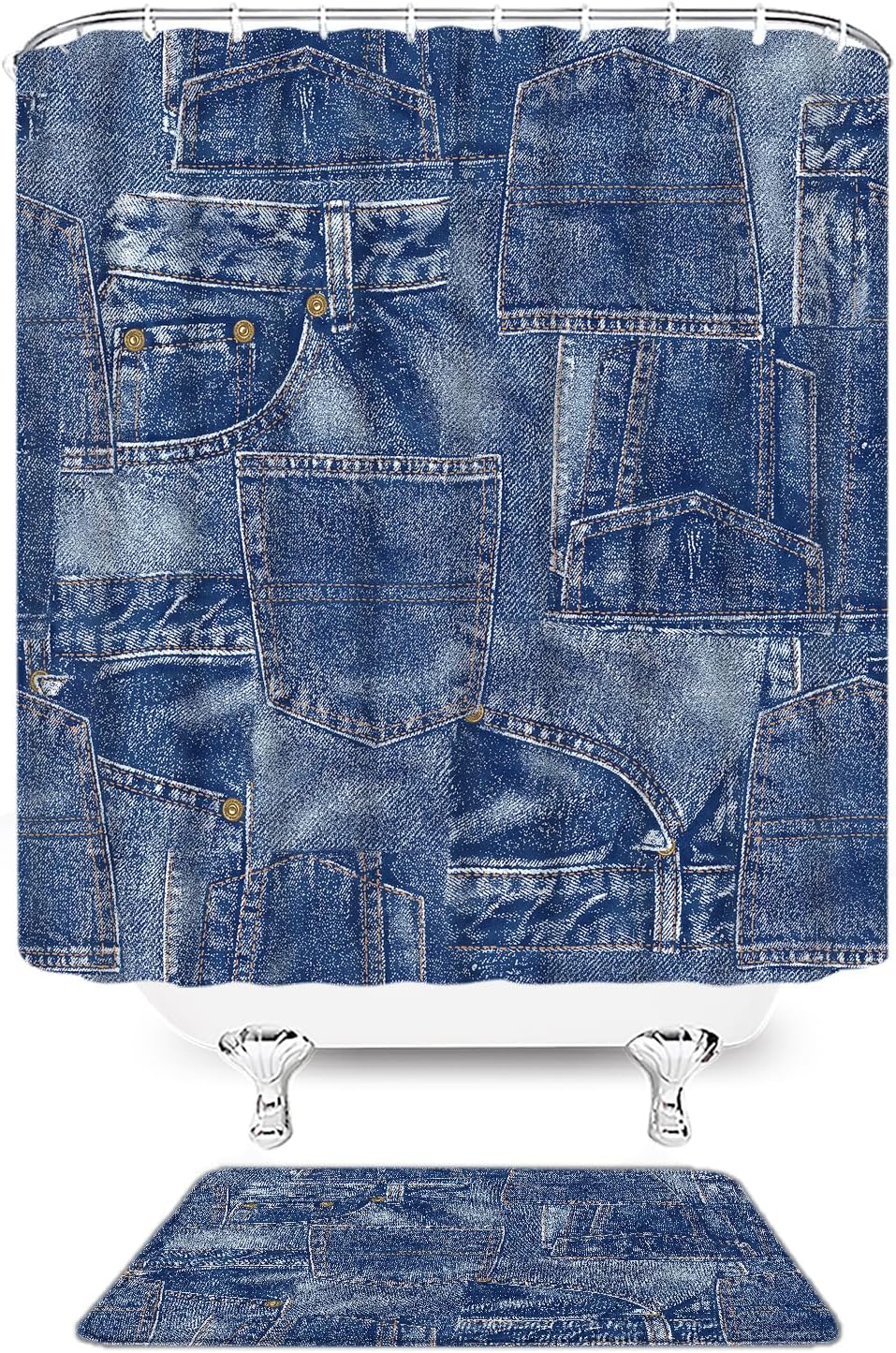 4pcs Denim Material Patchwork Shower Curtain Set with Rug Blue Vintage Indigo Jeans Pattern Bathroom Set with Hooks(U Shape and Toilet Lid Cover Mat)