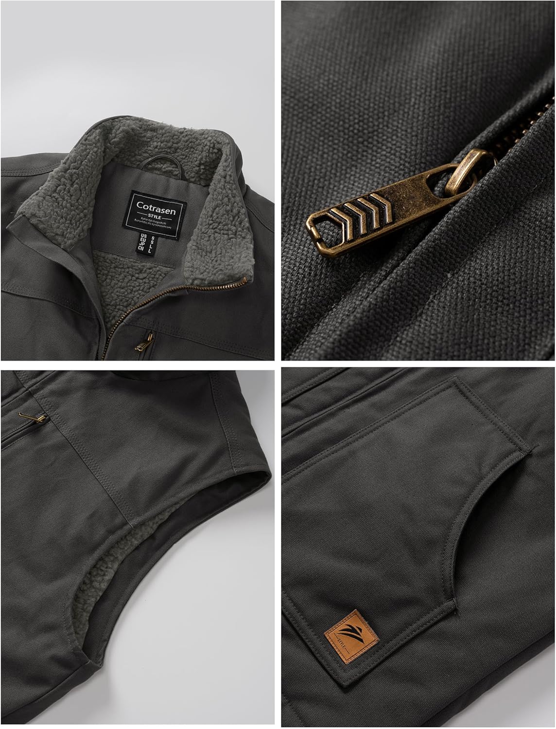 Cotrasen Men's Vest Cotton Work Vest Sherpa Lined Casual Outerwear Fleece Warm Sleeveless Jackets - Image 6