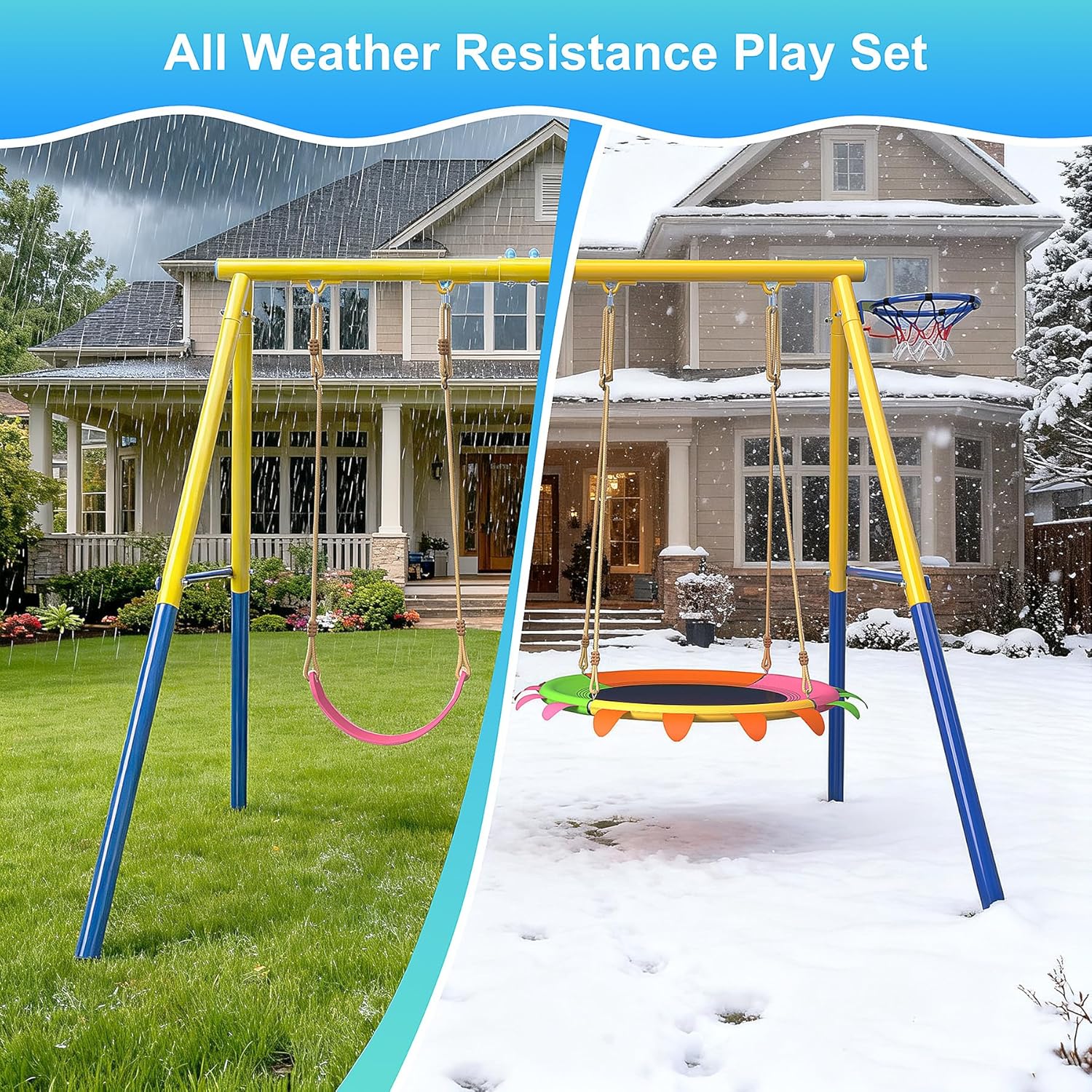 440lbs Capacity Swing Sets for Backyard, 40 Inch Saucer Swing, A-Frame Metal, Belt Swing and Basketall Hoop, Playset for Children Outdoor Fitness