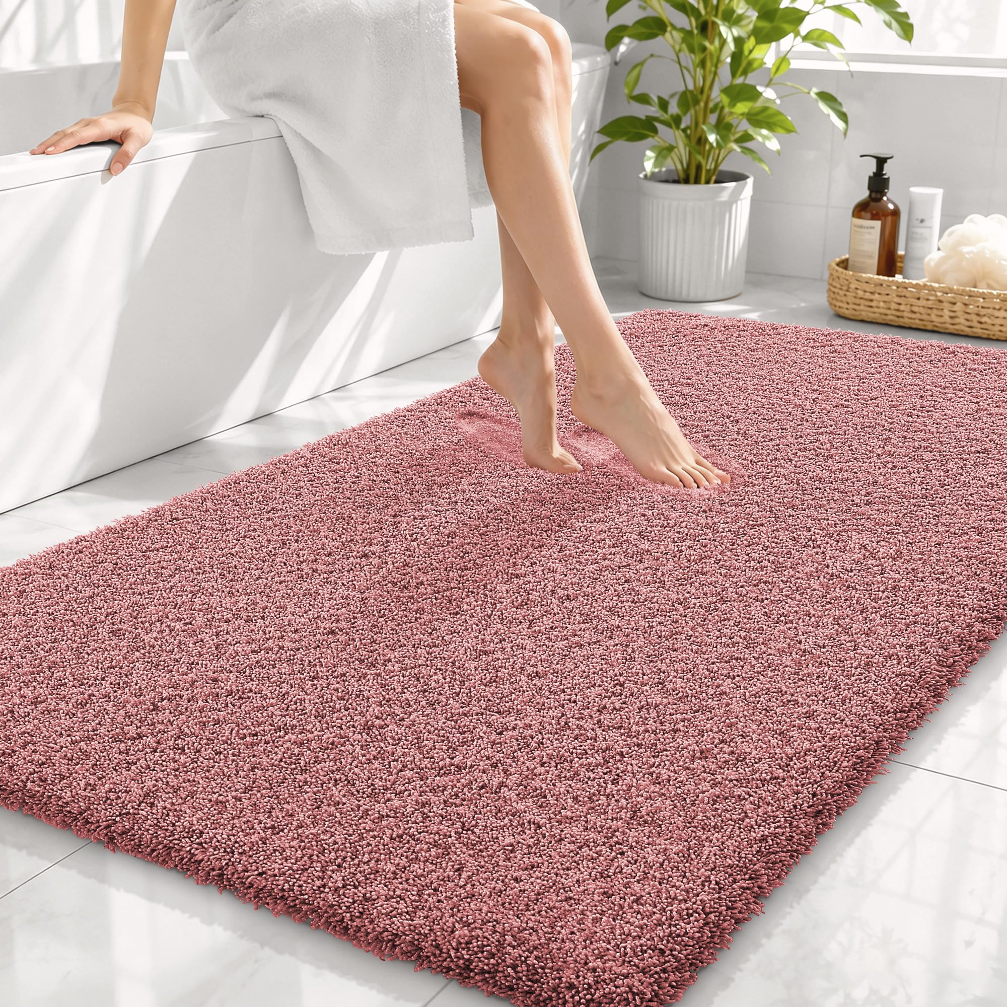 OLANLY Microfiber Large Bathroom Rugs 44x32, Ultra Soft Bath Mat, Deep Rose