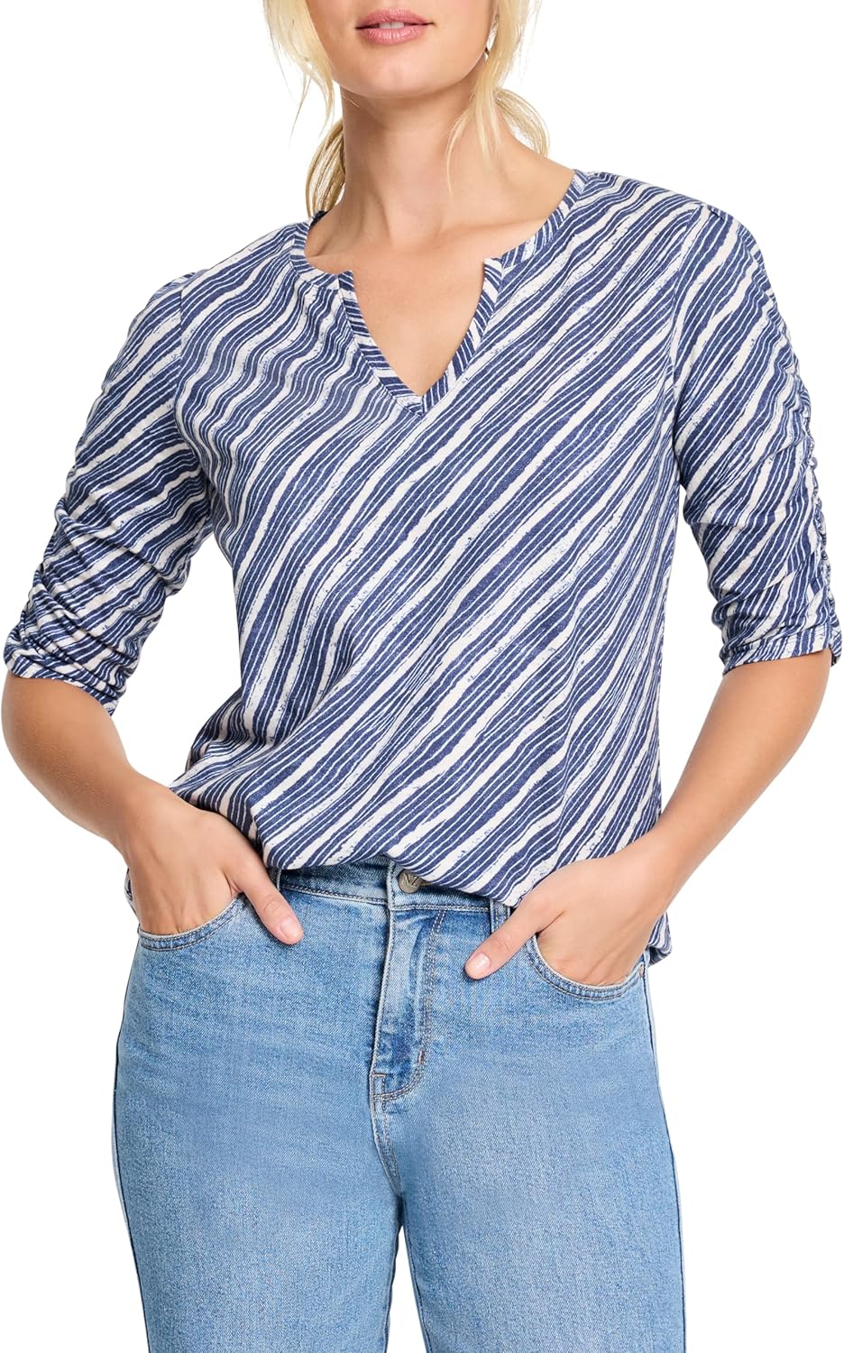 NIC+ZOE Womens Mixed Stripe Ruched Sleeve Tee