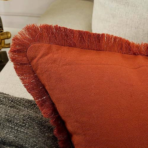 Miniatura 5 de YOUR SMILE Juego de 2 fundas de cojín de felpilla suave teñidas de algodón con bordes de flecos de algodón para sofá, decoración del hogar y granja,